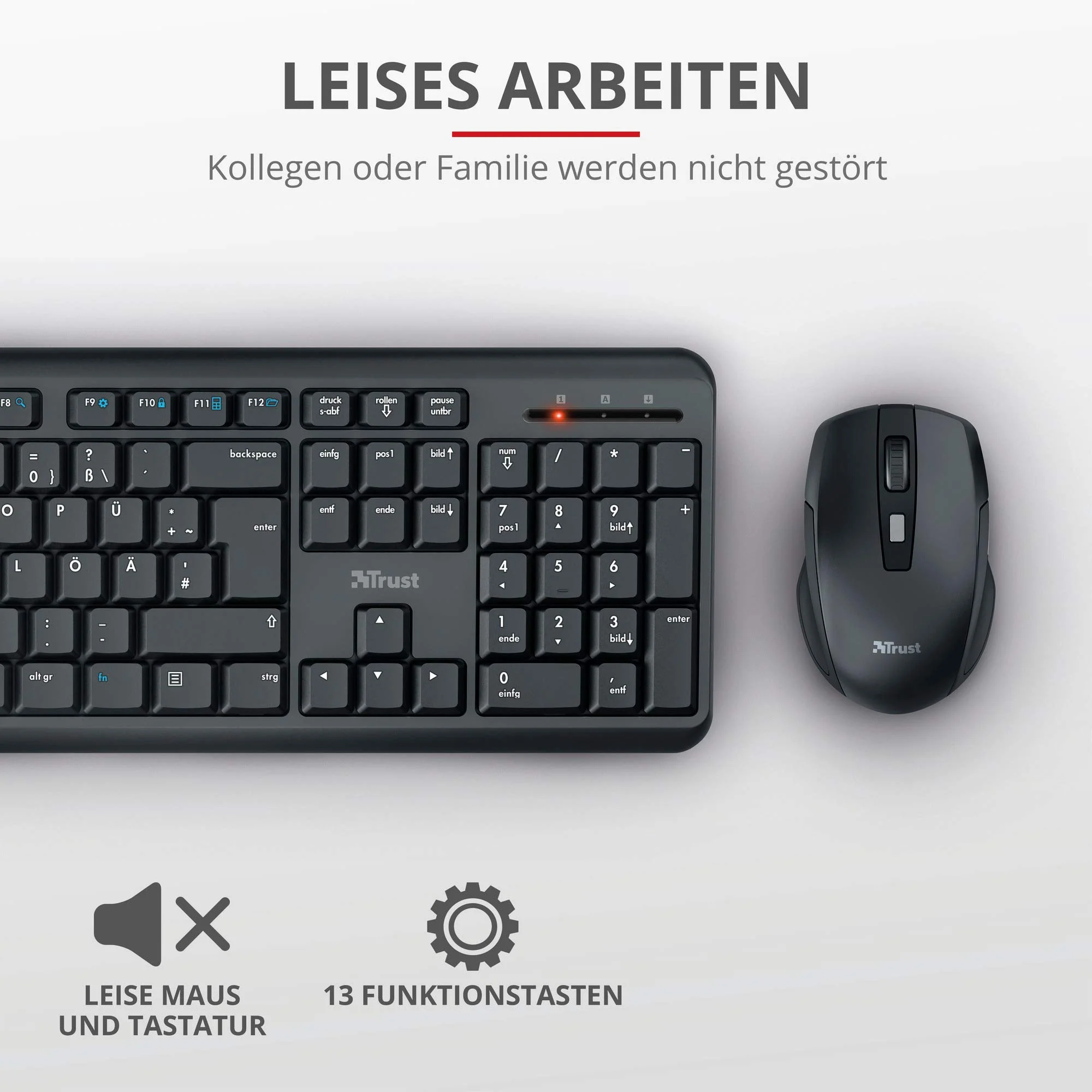 Trust 24080 Ymo Kabelloses Tastatur-Maus-Set - Deutsches QWERTZ - Schwarz & 22879 Verto Wireless Vertikale Ergonomische Maus (Vorbeugung Gegen Mausarm/Tennisarm, Nur für Rechtshänder) Schwarz - Image 2