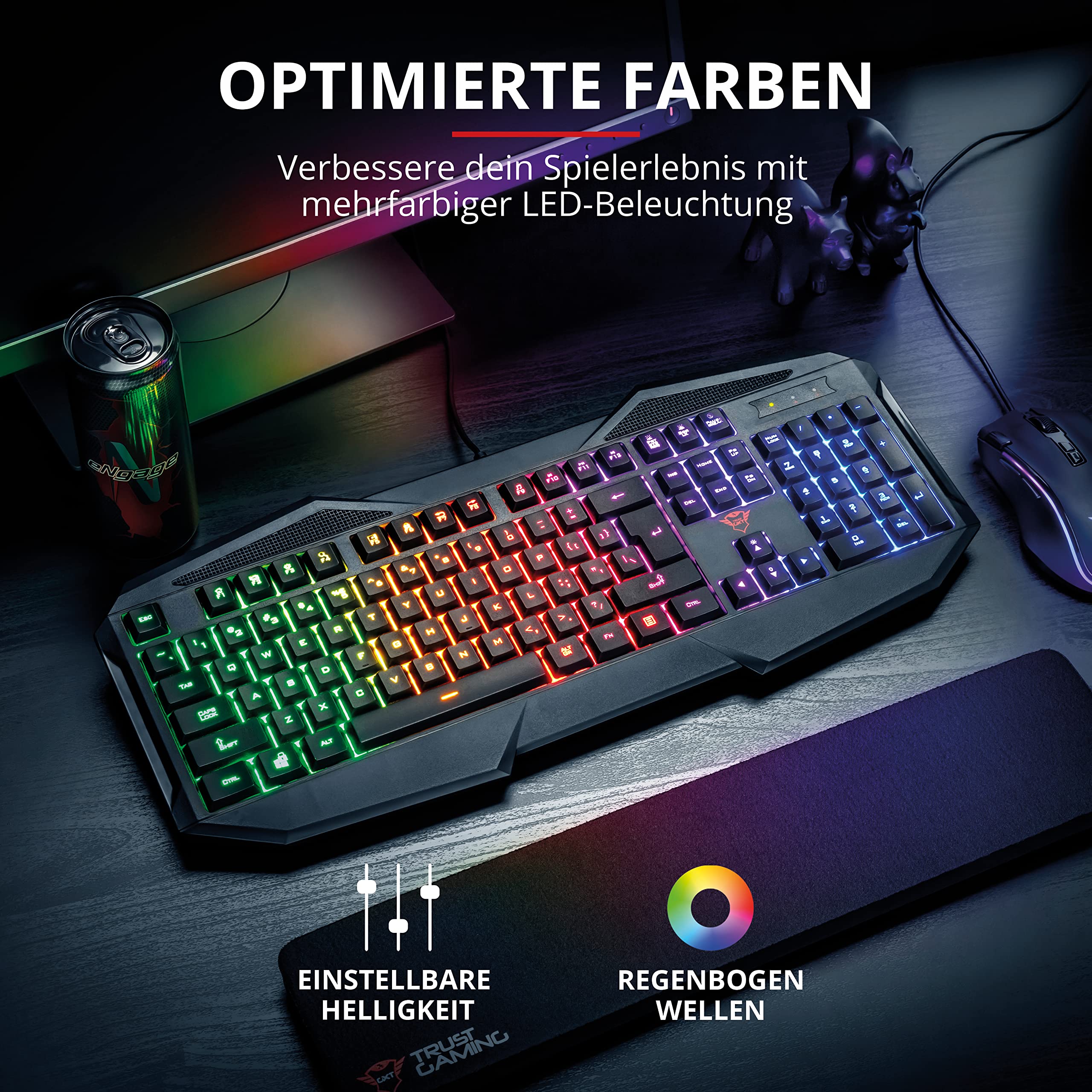 Trust Gaming GXT 830-RW Avonn Gaming Tastatur, QWERTZ Deutsches Layout, Regenbogenwellen-Beleuchtung, Anti-Ghosting, Spielmodus, 12 Media-Tasten, USB Tastatur für PC/Laptop - Schwarz - Image 2