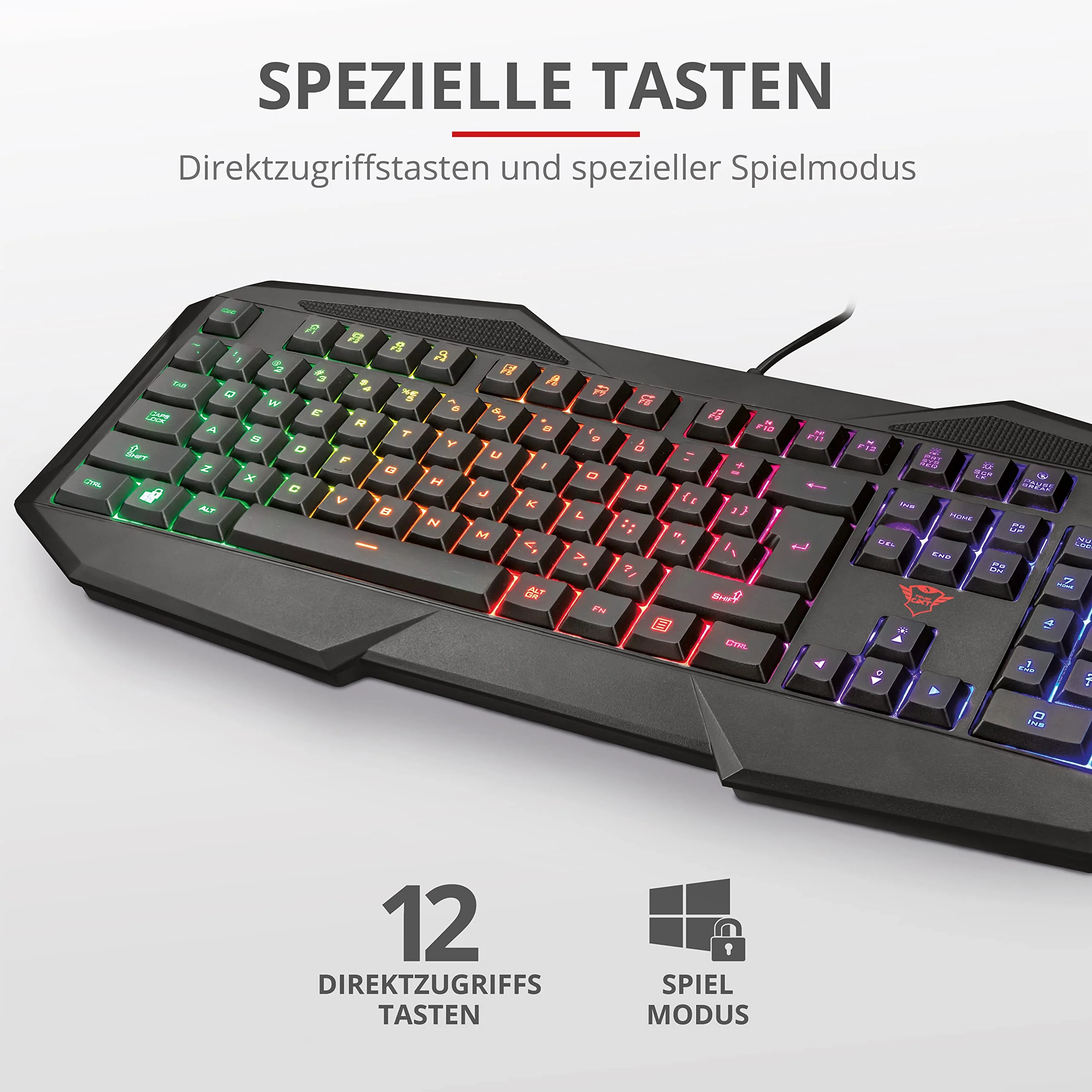 Trust Gaming GXT 830-RW Avonn Gaming Tastatur, QWERTZ Deutsches Layout, Regenbogenwellen-Beleuchtung, Anti-Ghosting, Spielmodus, 12 Media-Tasten, USB Tastatur für PC/Laptop - Schwarz - Image 3