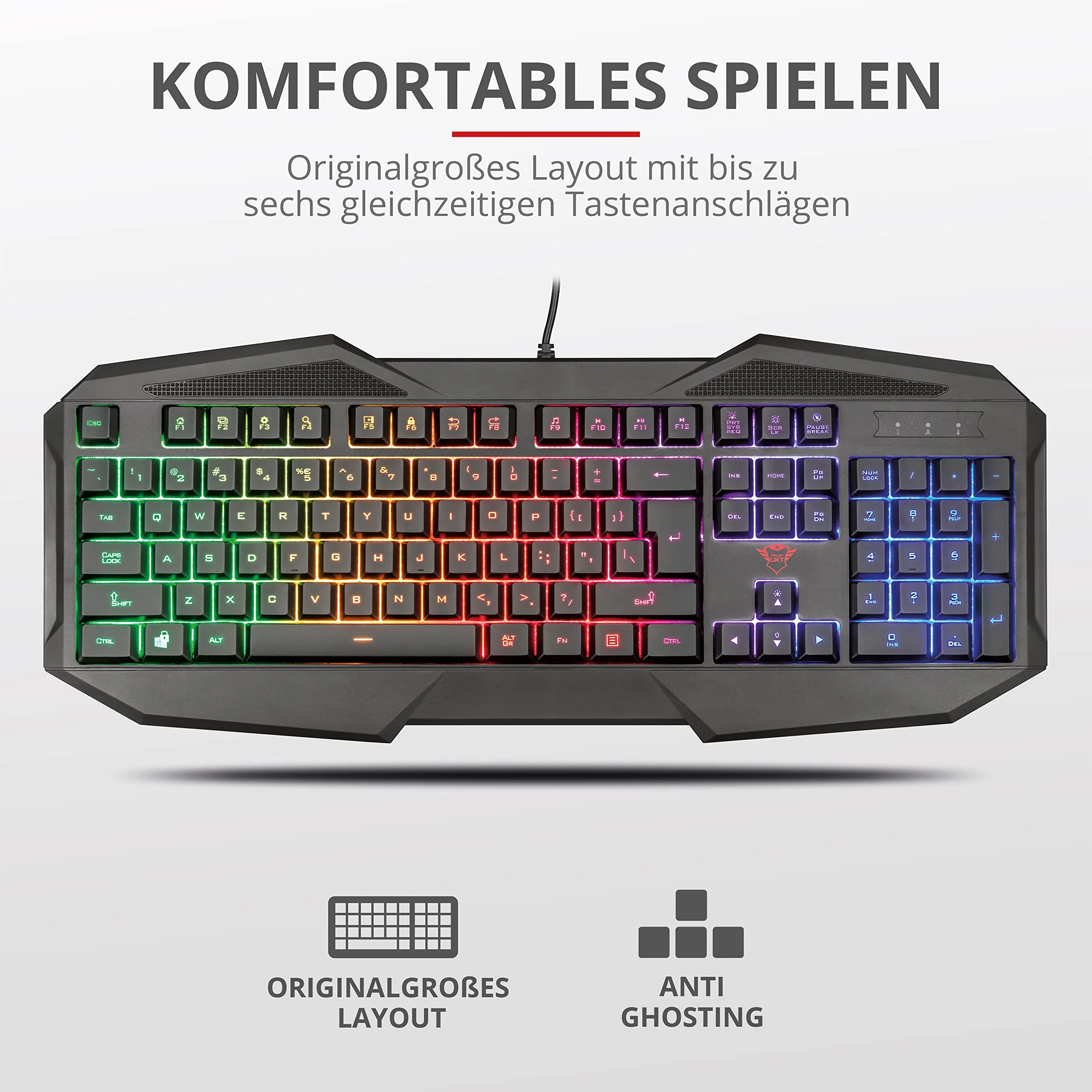 Trust Gaming GXT 830-RW Avonn Gaming Tastatur, QWERTZ Deutsches Layout, Regenbogenwellen-Beleuchtung, Anti-Ghosting, Spielmodus, 12 Media-Tasten, USB Tastatur für PC/Laptop - Schwarz - Image 7