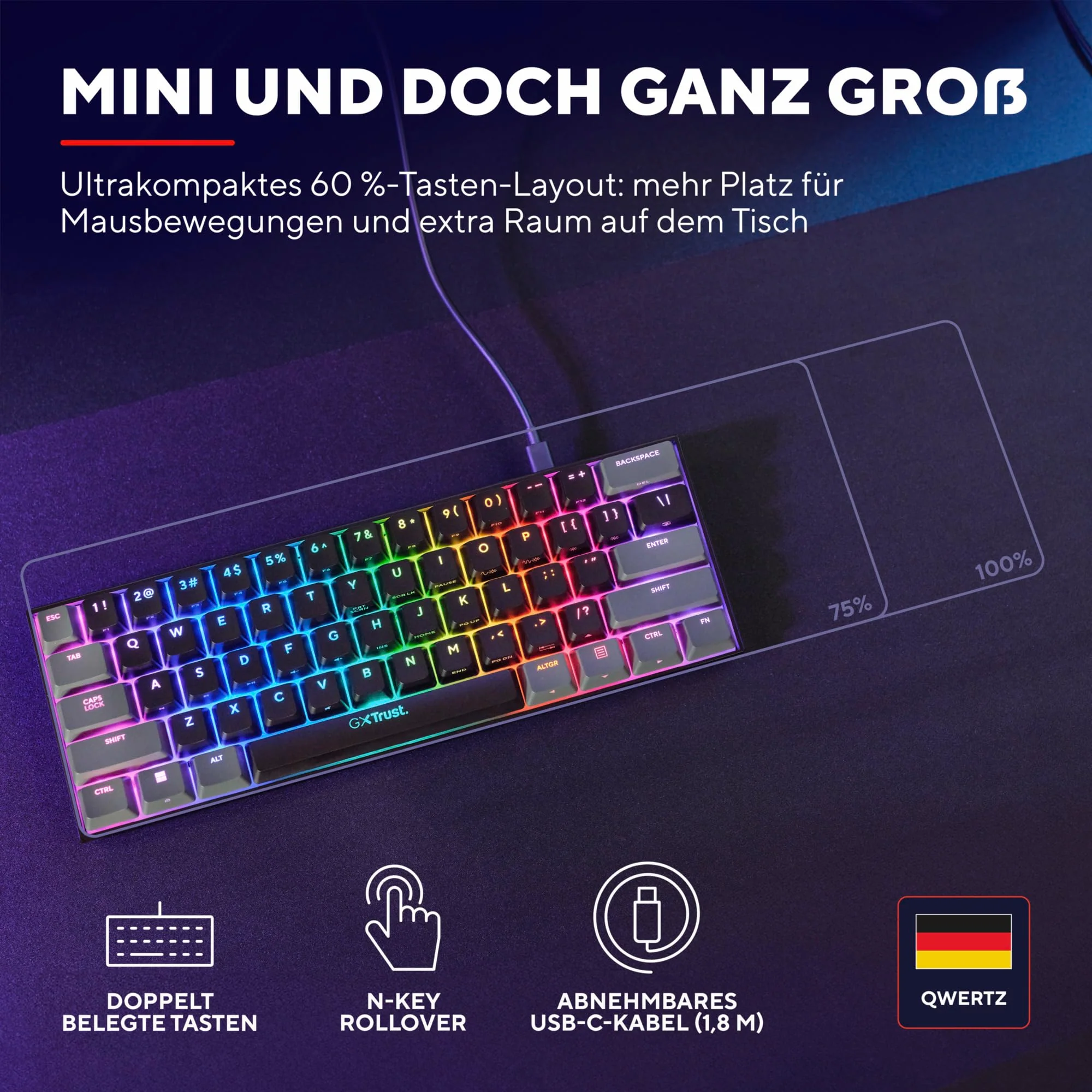 Trust Gaming GXT 867 Acira 60% Mechanische Tastatur Deutsches QWERTZ Layout, RGB Beleuchtung, Doppelt Belegte Tasten, USB Mini Tragbare Programmierbare Kleine Gaming Tastatur 60 Prozent PC Laptop - Image 2
