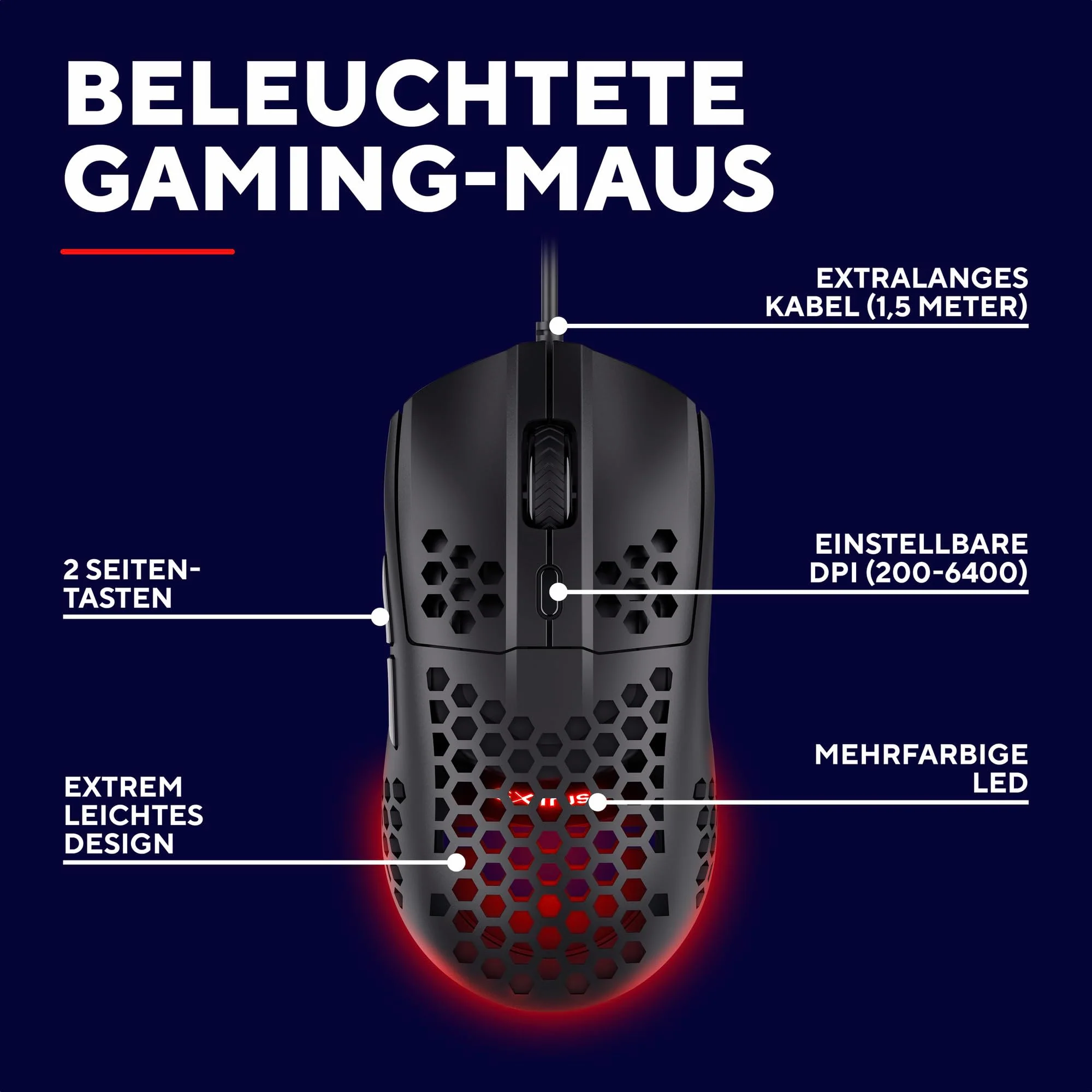 Trust Gaming GXT 928 Helox Gaming Maus, Ultraleichte Kabelgebundene USB Maus 65g, Einstellbare DPI (200-6400), Optischer Sensor, 6 Programmierbare Tasten, RGB-Beleuchtung für Gaming PC MMO - Schwarz - Image 9