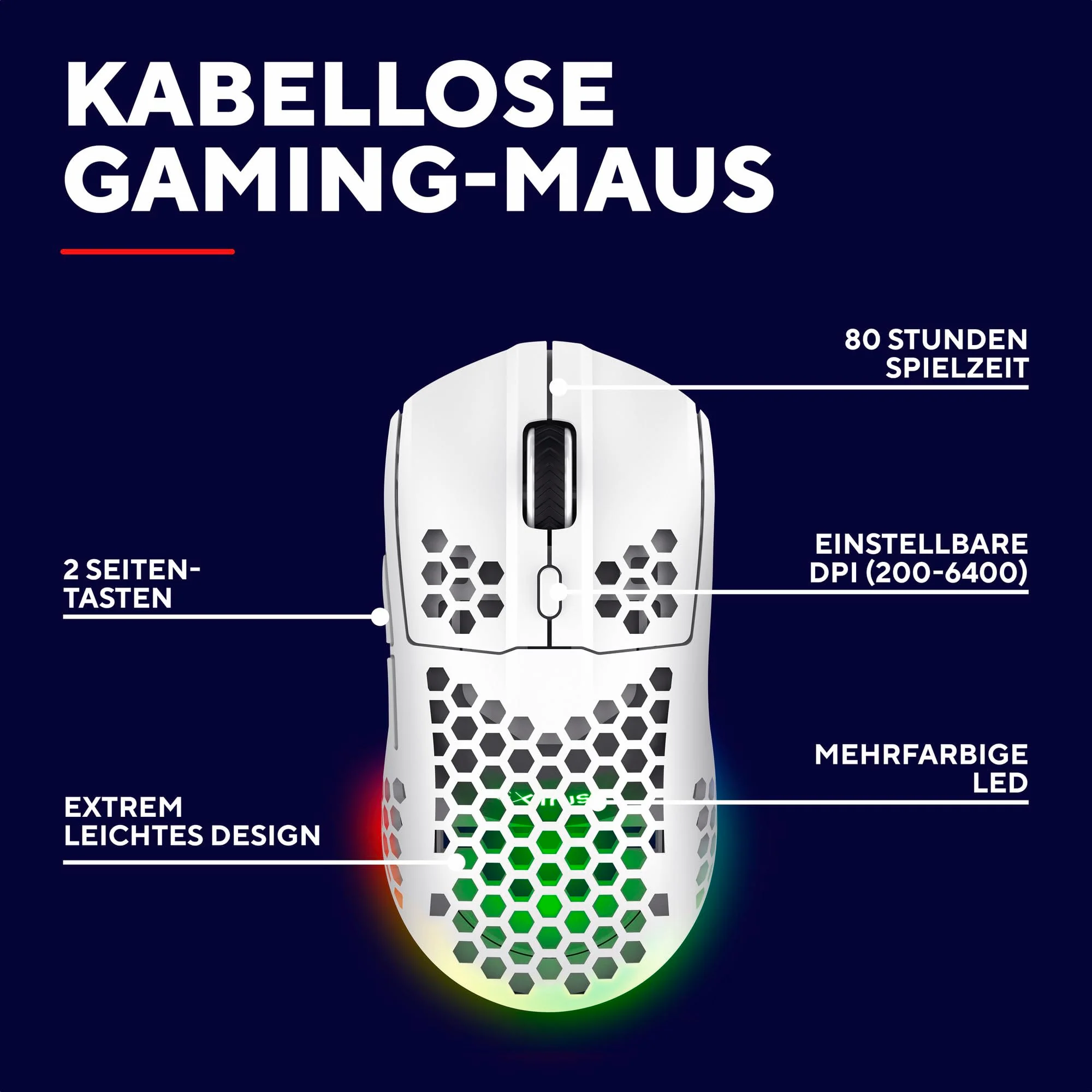 Trust Gaming GXT 929 Helox Kabellose Gaming Maus, Ultraleichte Maus 75g, 80h Dauerbetrieb, 2,4-GHz-Mikro-USB-Empfänger, Einstellbare DPI (800-4800), 6 Programmierbare Tasten, Gaming PC MMO - Weiß - Image 10