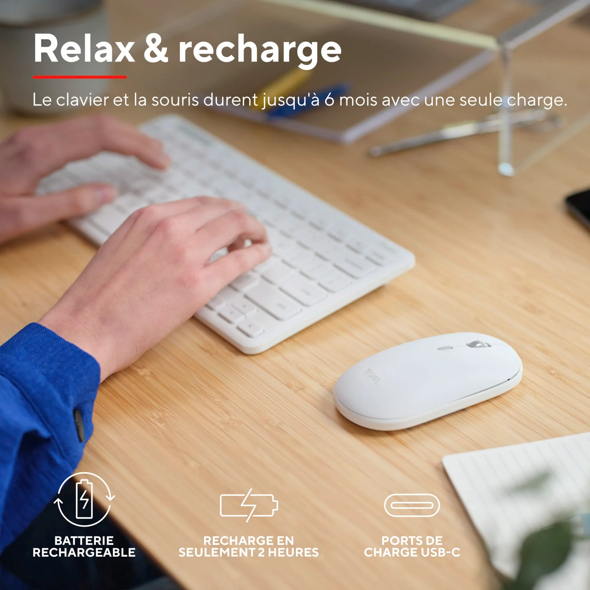 Trust Lyra Pack Clavier et Souris sans Fil Bluetooth, AZERTY Français - Blanc - Image 3