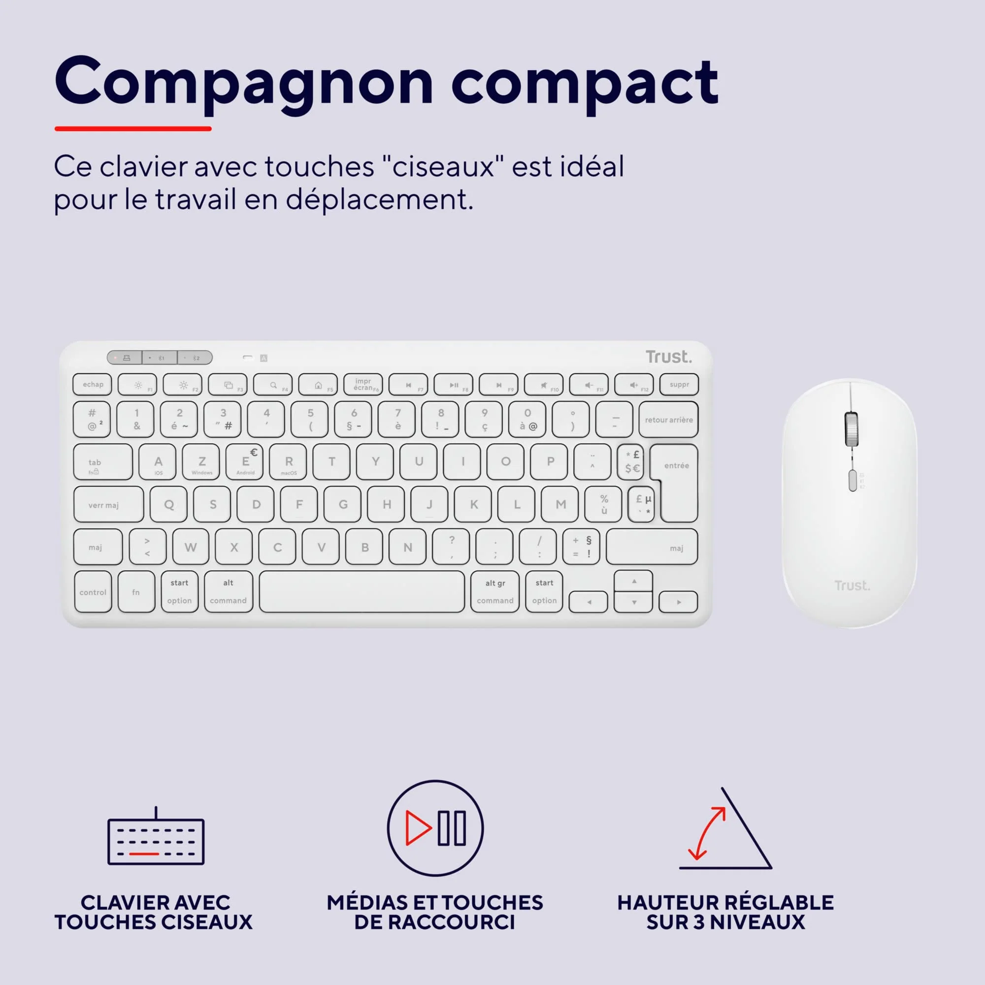 Trust Lyra Pack Clavier et Souris sans Fil Bluetooth, AZERTY Français - Blanc - Image 5