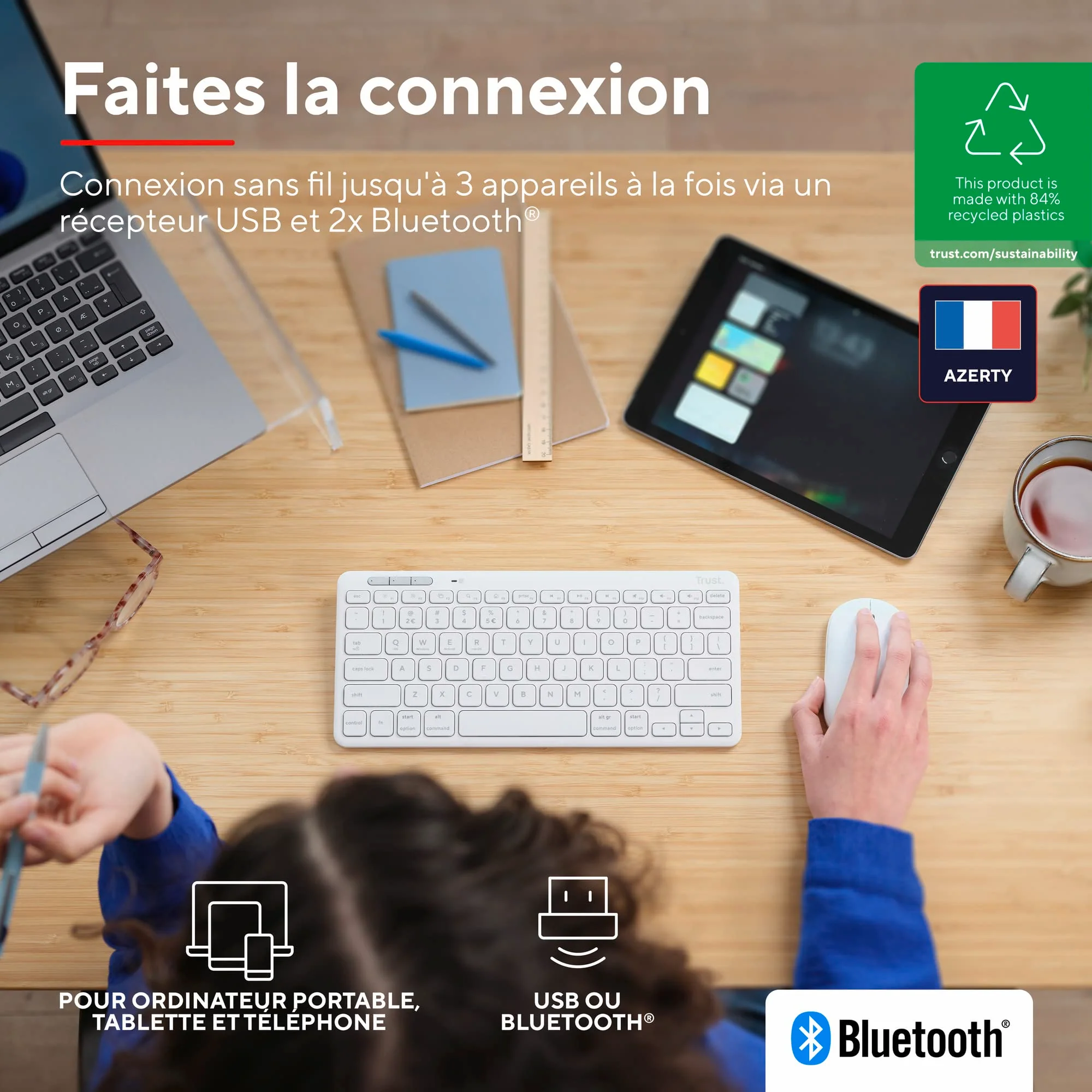 Trust Lyra Pack Clavier et Souris sans Fil Bluetooth, AZERTY Français - Blanc - Image 6