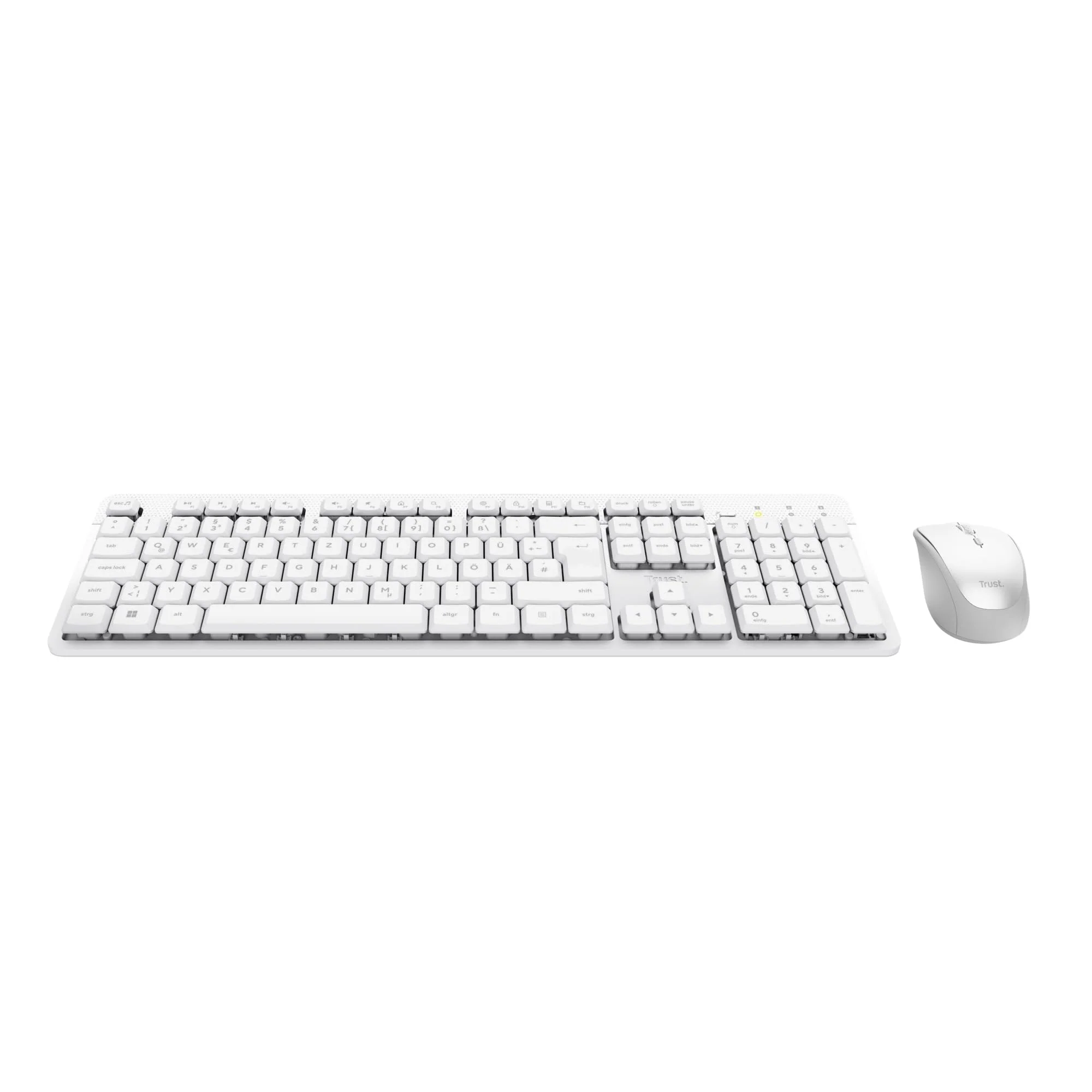 Trust ODY II Leise Tastatur Maus Set Kabellos Deutsches QWERTZ Layout, Flachen Tasten, Beidhändig Funkmaus 800-1600 DPI, Spritzwassergeschützt, EIN USB-Empfänger, für PC Computer Laptop Mac, Weiß