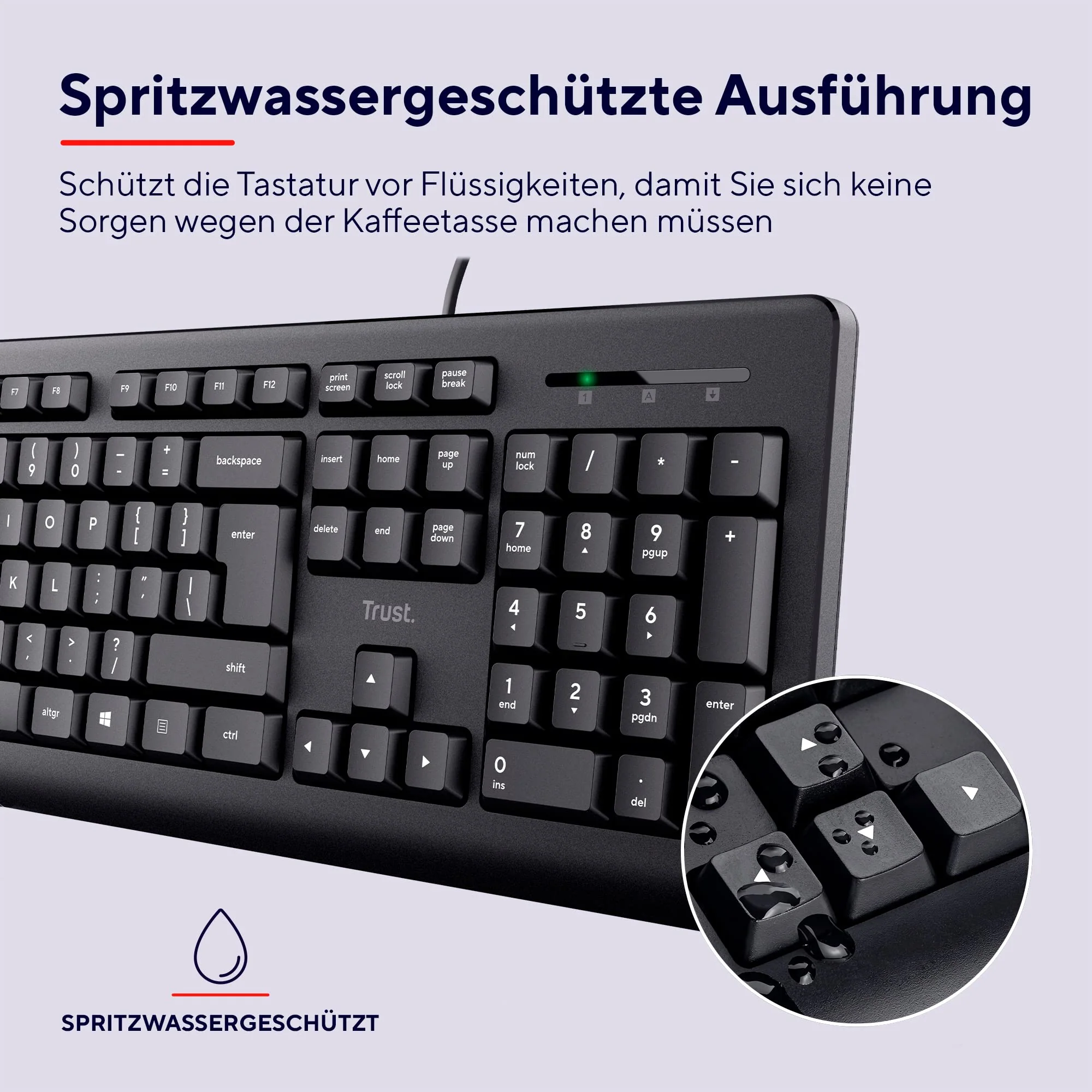 Trust Taro Kabelgebundene Tastatur, Deutsches QWERTZ Layout, Leise Tasten, Spritzwassergeschützt, USB-Anschluss, 1.8 m Kabellänge, PC Tastatur für Computer, Laptop, Mac, Windows, macOS – Schwarz - Image 2