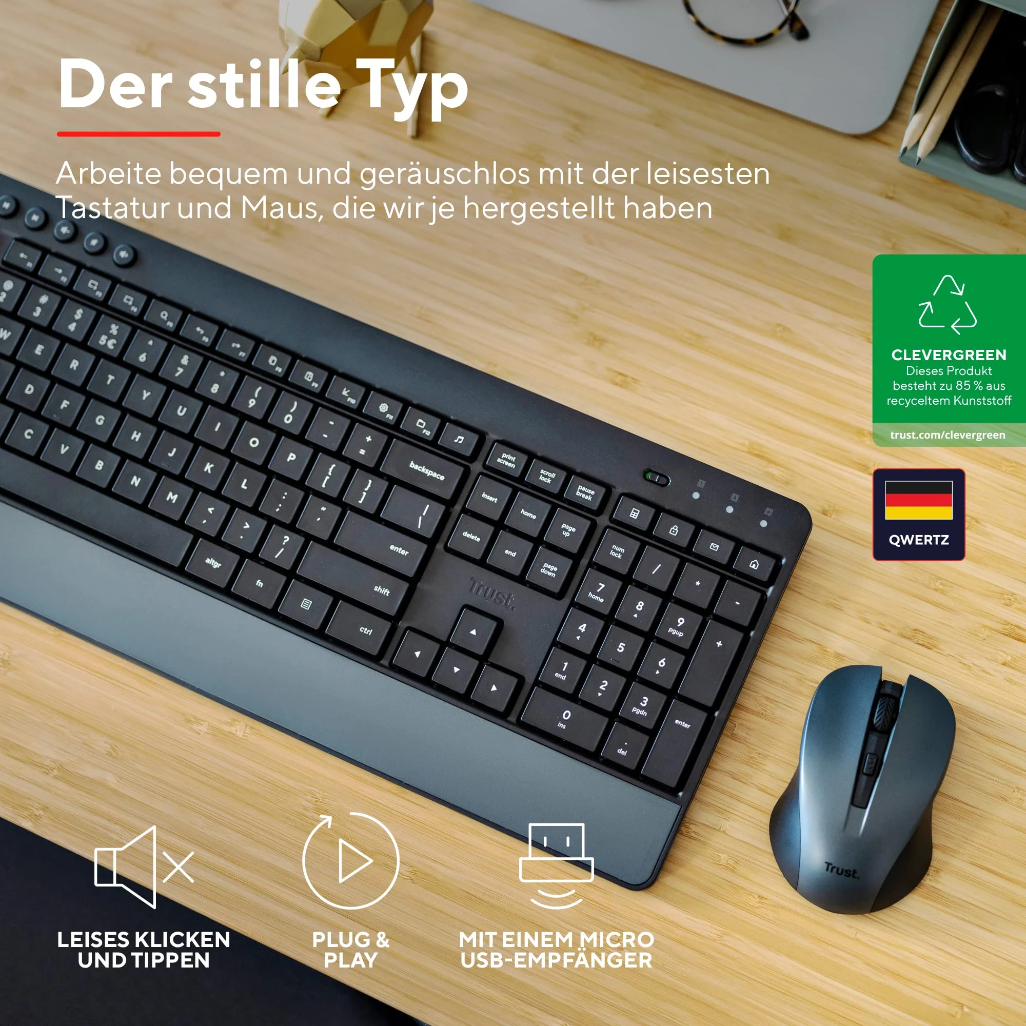 Trust Trezo Tastatur Maus Set Kabellos, Qwertz-Layout, Nachhaltiges Design, Kabellose mit Funkmaus, Leise und Ergonomische Combo, 48 Monaten Batterielaufzeit, PC, Laptop, Schwarz, 2.4 GHz - Image 7