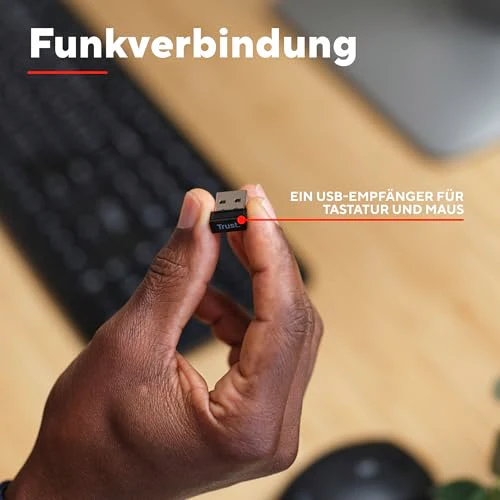 Trust Ymo II Leise Tastatur Maus Set Kabellos Deutsches QWERTZ Layout, Flachen Tasten, Spritzwassergeschützt, Beidhändig Funkmaus 800-1600 DPI, EIN USB-Empfänger, für PC, Computer, Laptop, Mac - Image 2