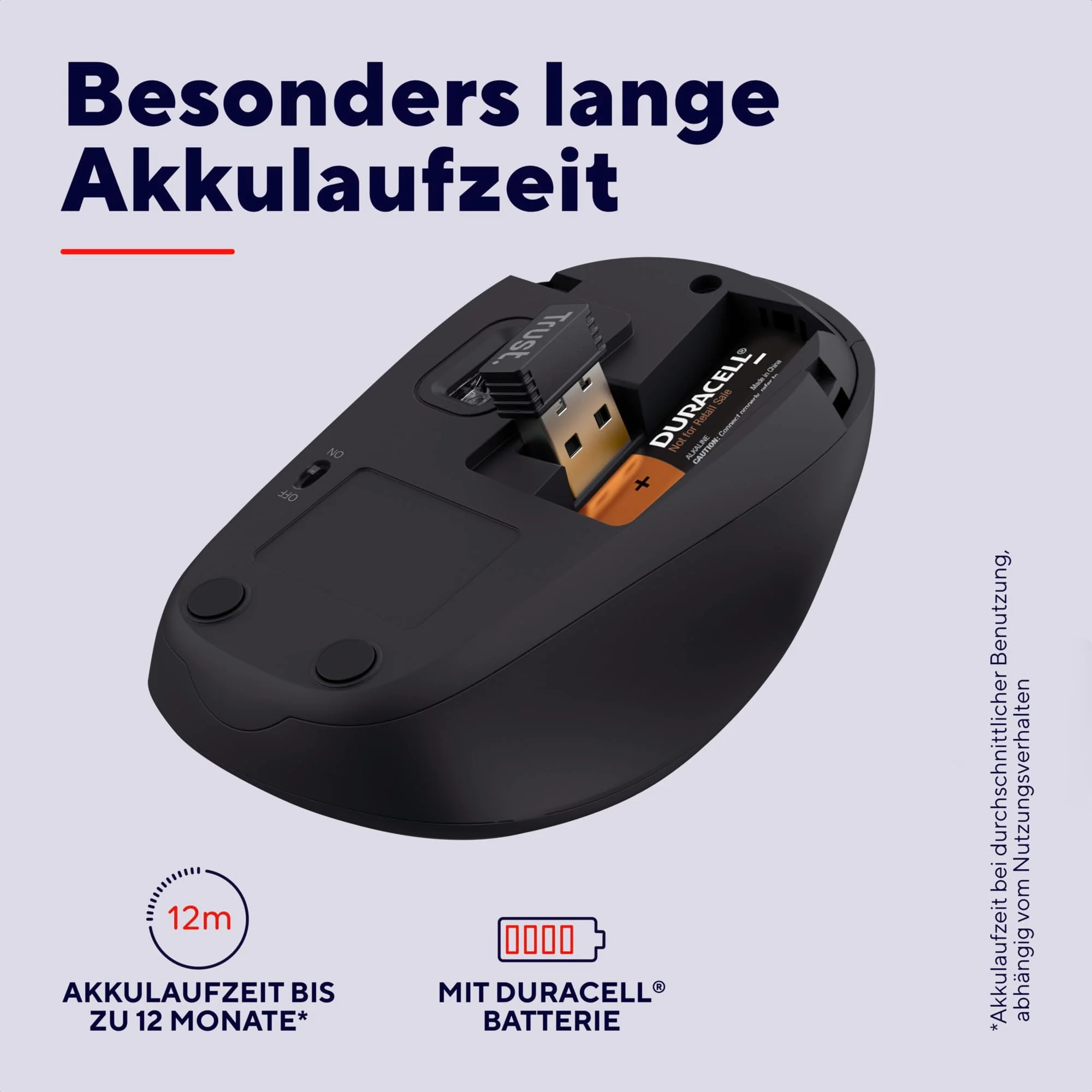 Trust Yuki Leise Funkmaus mit Batterie für Rechts- und Linkshänder, 800-1600 DPI, 83% Recyclingkunststoff, Verstaubarer USB Mikroempfänger, Kompakte Maus Kabellos für Laptop, PC, Mac - Schwarz - Image 11