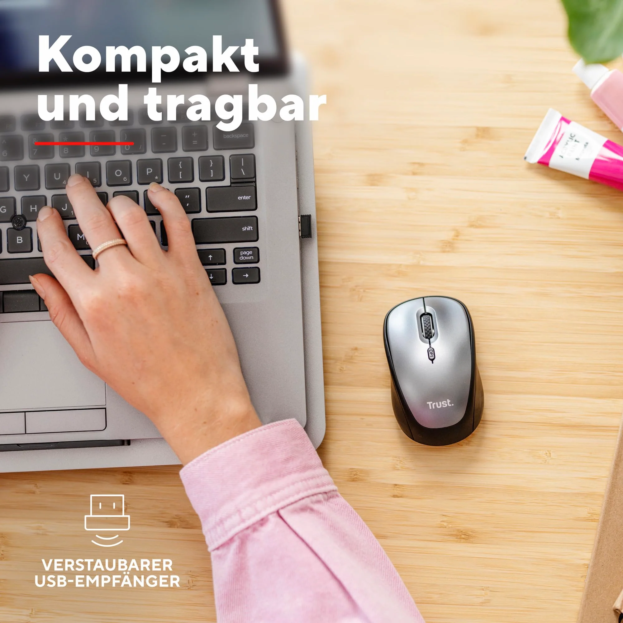Trust Yuki Leise Funkmaus mit Batterie für Rechts- und Linkshänder, 800-1600 DPI, 83% Recyclingkunststoff, Verstaubarer USB Mikroempfänger, Kompakte Maus Kabellos für Laptop, PC, Mac - Schwarz - Image 9