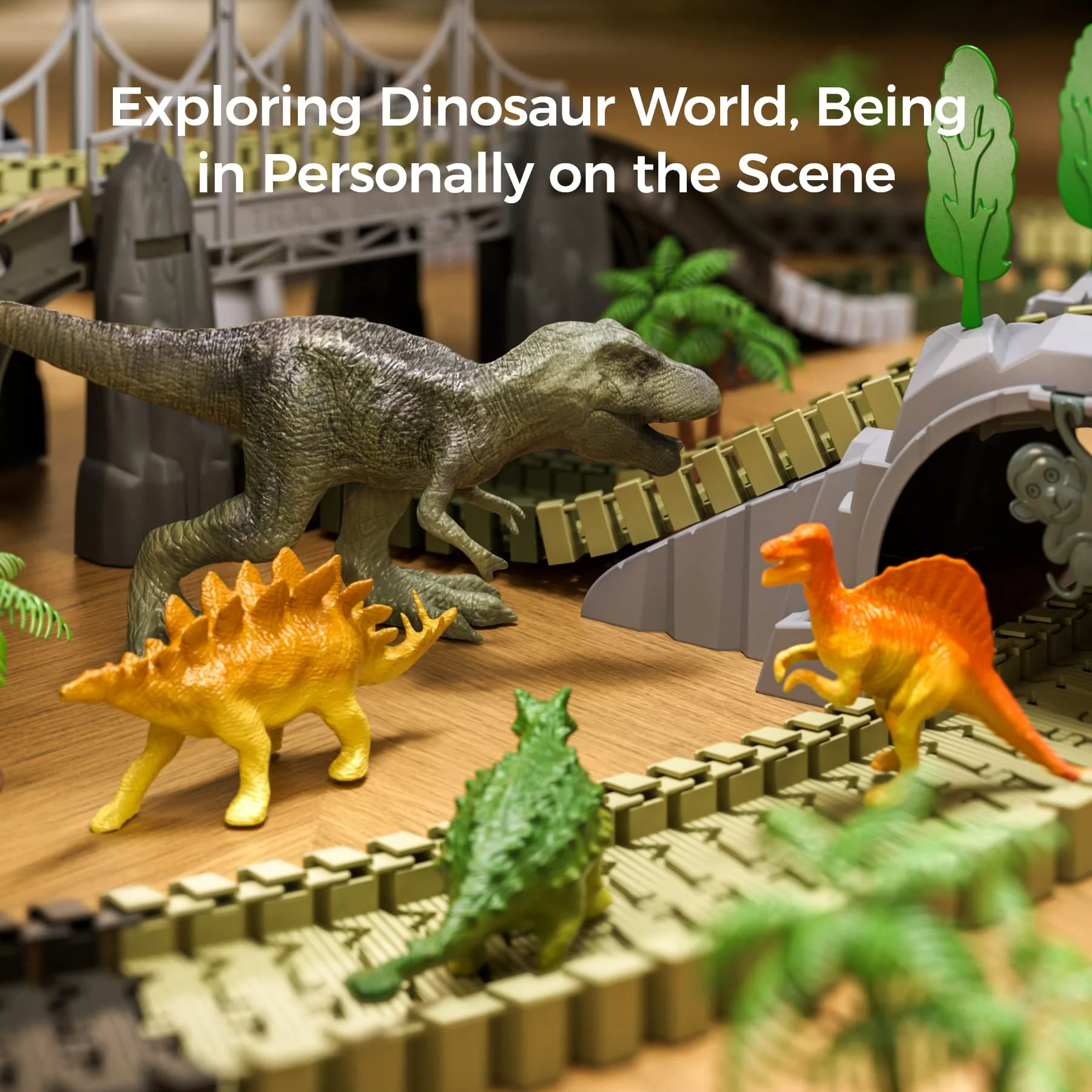 TUMAMA KIDS Dinosaurier Spielzeug Rennstrecke,281 Stück Dinosaurier Zug Spielzeug für Kinder 3 4 5 6,Flexible Eisenbahnschienen mit 4 Dinosauriern,2 Elektrische Rennwagen mit Lichtern - Image 2