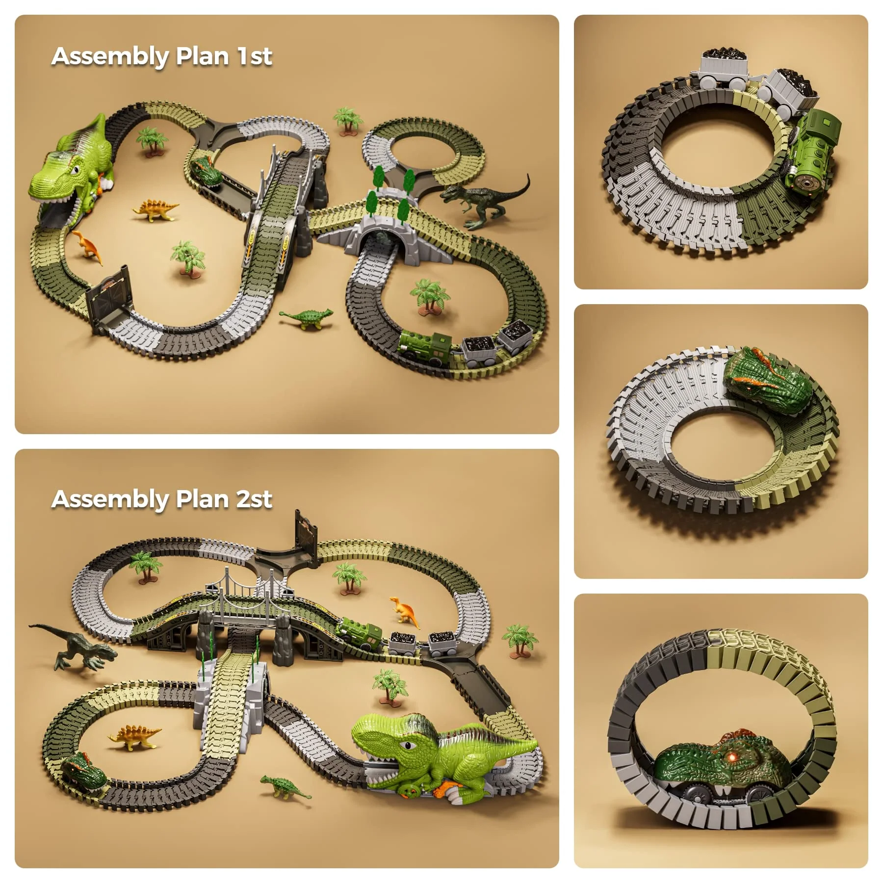 TUMAMA KIDS Dinosaurier Spielzeug Rennstrecke,281 Stück Dinosaurier Zug Spielzeug für Kinder 3 4 5 6,Flexible Eisenbahnschienen mit 4 Dinosauriern,2 Elektrische Rennwagen mit Lichtern - Image 4