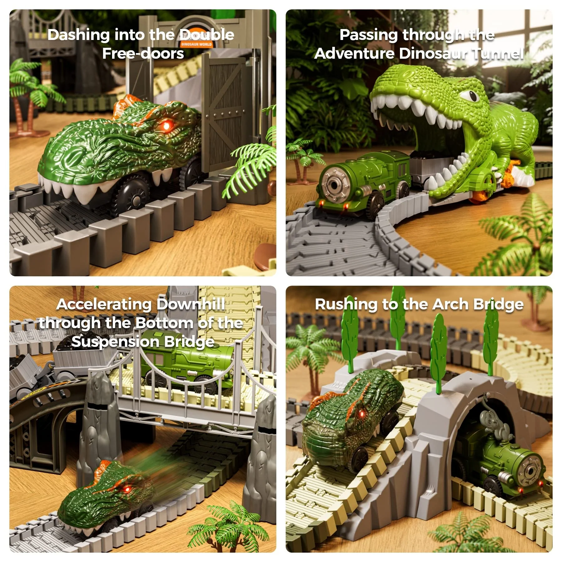 TUMAMA KIDS Dinosaurier Spielzeug Rennstrecke,281 Stück Dinosaurier Zug Spielzeug für Kinder 3 4 5 6,Flexible Eisenbahnschienen mit 4 Dinosauriern,2 Elektrische Rennwagen mit Lichtern - Image 6