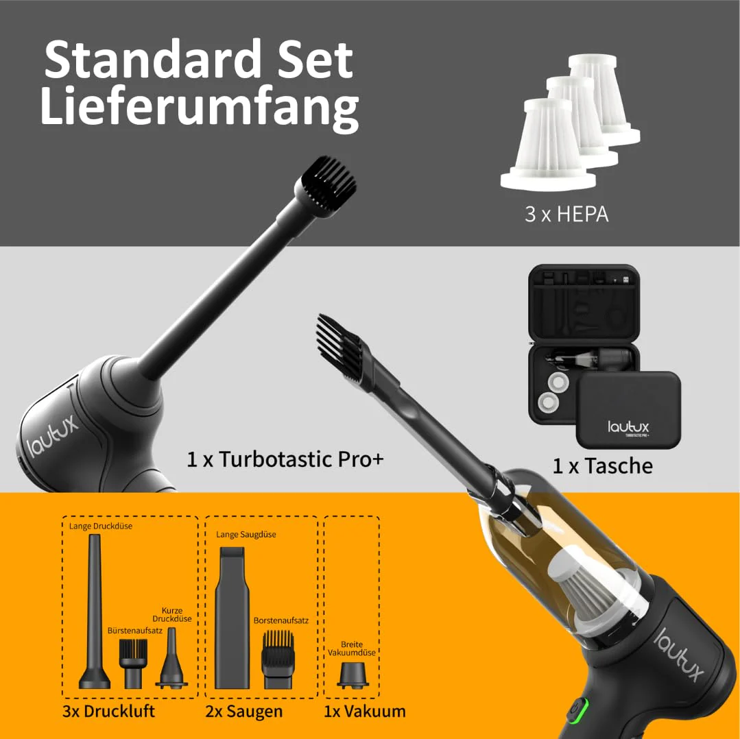 Turbotastic Pro 3in1 Handstaubsauger Standard Set: Leistungsstarker Sauger mit Power-Modus, Druckluft- und Vakuumfunktion, 2 Jahre Garantie inkl. Filter - Ideal für Haus, Garten und Auto - Image 2