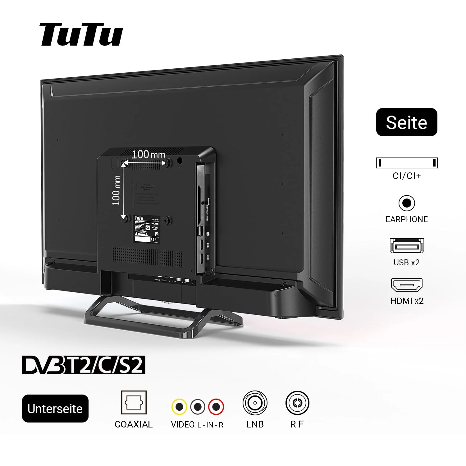 TuTu TUB32HN1NC Fernseher 32 Zoll (80cm) LED HD-Ready Triple Tuner (DVB-T/T2-C-S/S2) HDMI USB-Media Player CI/CI+ Hotelmodus Mittelfuss - Image 10