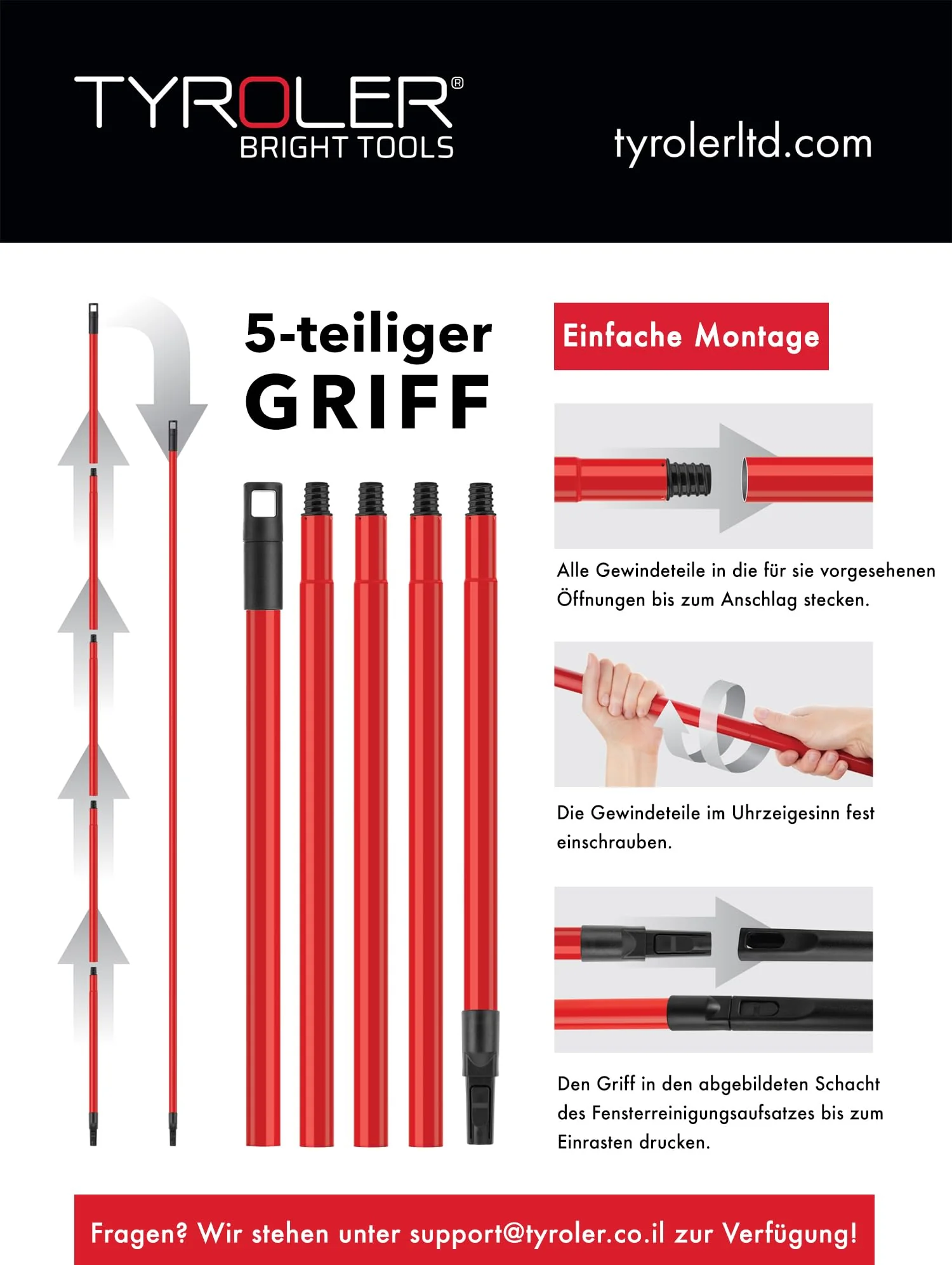 Tyroler 2-in-1 Fensterwischer mit Teleskopstiel | 30-205 cm Teleskopstange Fensterreinigung | 100% Naturkautschuk Teleskop Fensterwischer | 5-teiliger Griff Profi Fensterputzer Teleskop Set - Image 3