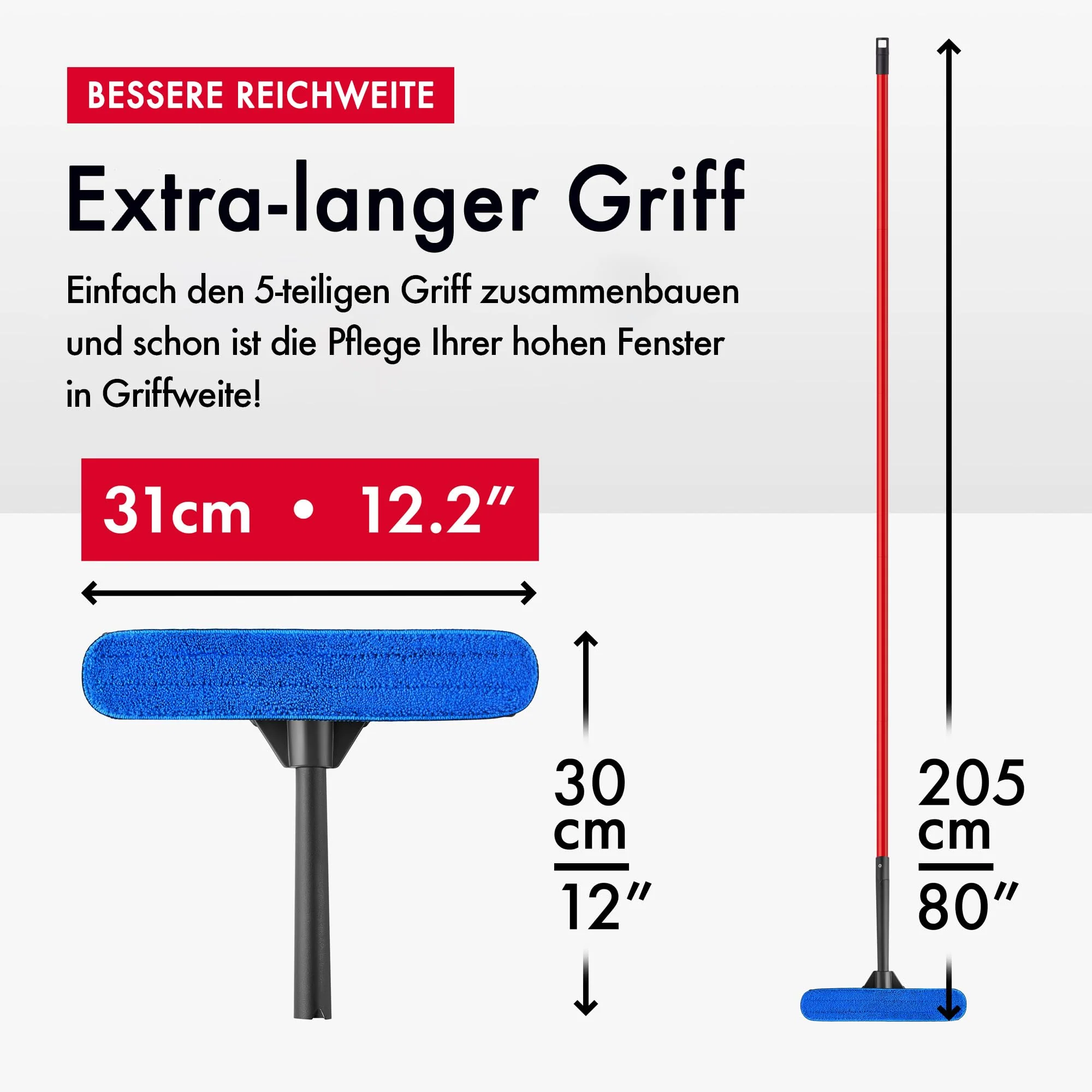 Tyroler 2-in-1 Fensterwischer mit Teleskopstiel | 30-205 cm Teleskopstange Fensterreinigung | 100% Naturkautschuk Teleskop Fensterwischer | 5-teiliger Griff Profi Fensterputzer Teleskop Set - Image 4