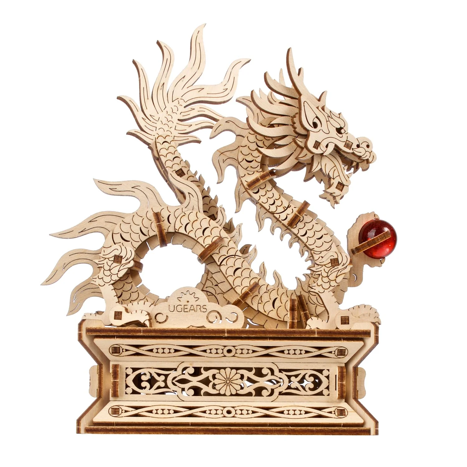 Ugears Wood Dragon 3D Puzzle - 3D Holzpuzzle Erwachsene Chinesischer Drache Modellbausatz Erwachsene - Glücksbringer Bauset mit Geheimfach und Perle Modellbau Holz - Geburtstagsgeschenk