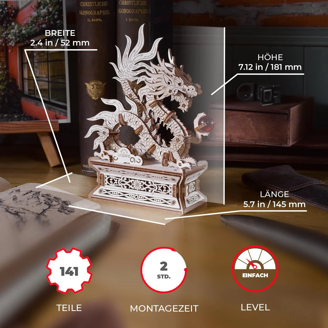 Ugears Wood Dragon 3D Puzzle - 3D Holzpuzzle Erwachsene Chinesischer Drache Modellbausatz Erwachsene - Glücksbringer Bauset mit Geheimfach und Perle Modellbau Holz - Geburtstagsgeschenk - Image 4