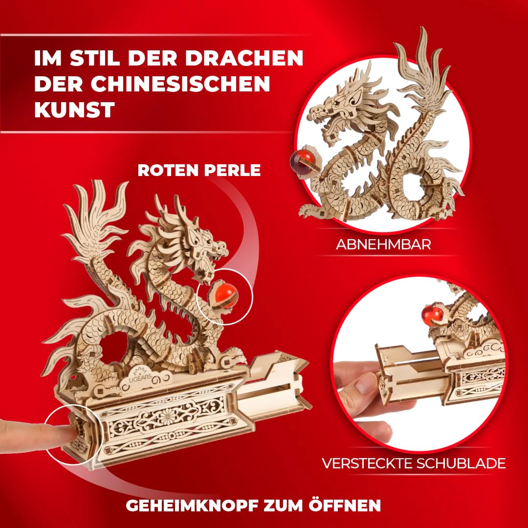 Ugears Wood Dragon 3D Puzzle - 3D Holzpuzzle Erwachsene Chinesischer Drache Modellbausatz Erwachsene - Glücksbringer Bauset mit Geheimfach und Perle Modellbau Holz - Geburtstagsgeschenk - Image 5