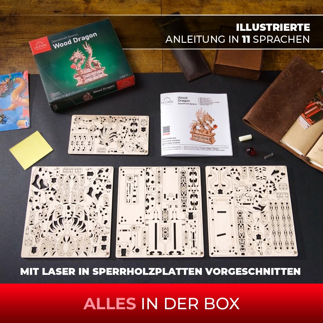 Ugears Wood Dragon 3D Puzzle - 3D Holzpuzzle Erwachsene Chinesischer Drache Modellbausatz Erwachsene - Glücksbringer Bauset mit Geheimfach und Perle Modellbau Holz - Geburtstagsgeschenk - Image 7