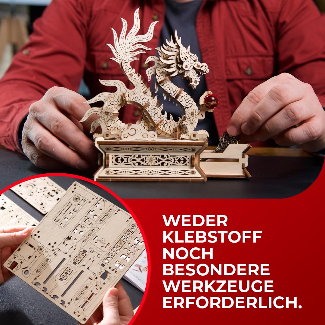 Ugears Wood Dragon 3D Puzzle - 3D Holzpuzzle Erwachsene Chinesischer Drache Modellbausatz Erwachsene - Glücksbringer Bauset mit Geheimfach und Perle Modellbau Holz - Geburtstagsgeschenk - Image 8