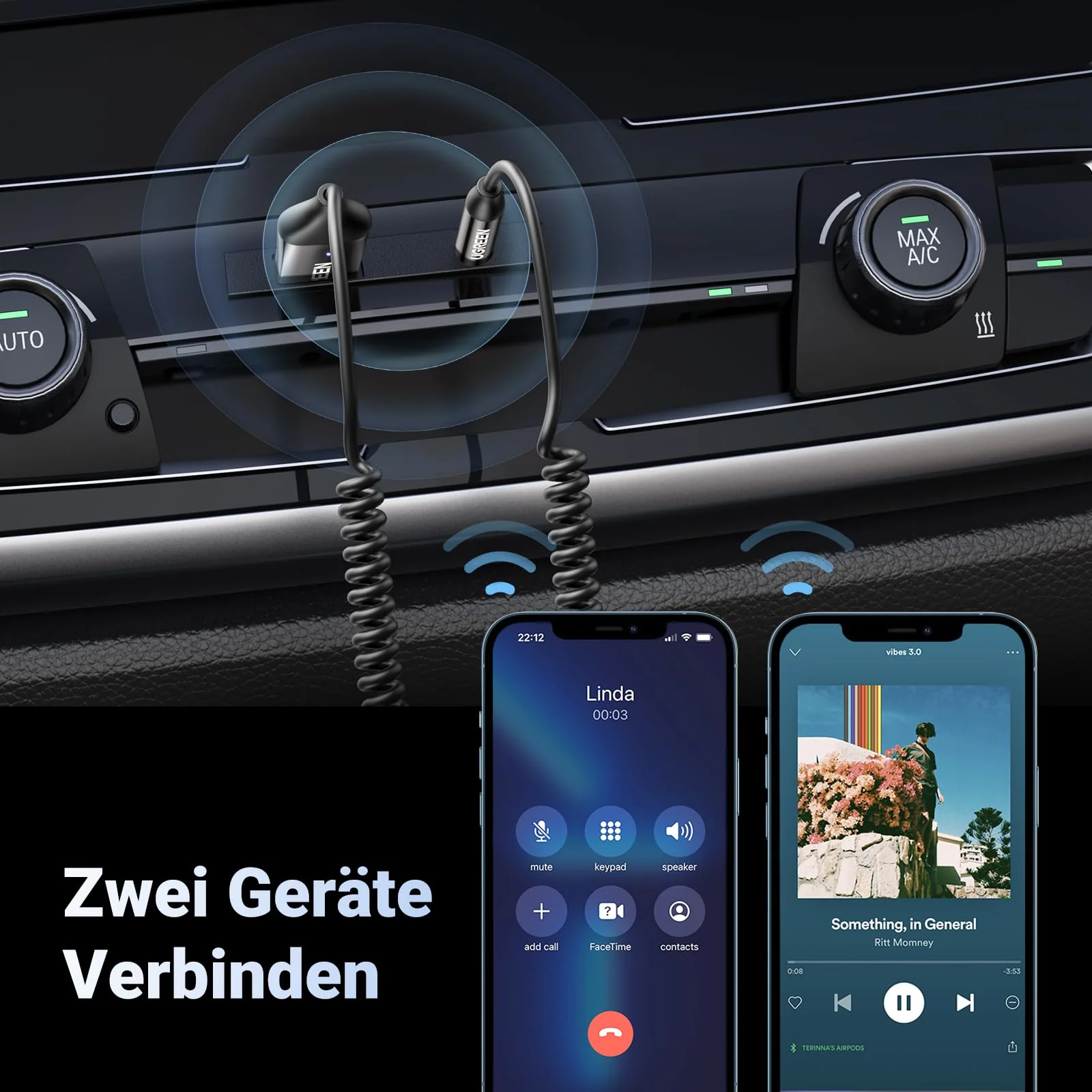 UGREEN Aux Bluetooth Adapter Auto Bluetooth 5.4 Empfänger Klinke für Freisprechanruf und Wireless Musik kompatibel mit Auto mit Aux und USB Anschluss, Lautsprecher, Verstärker (Grau-Standard) - Image 5
