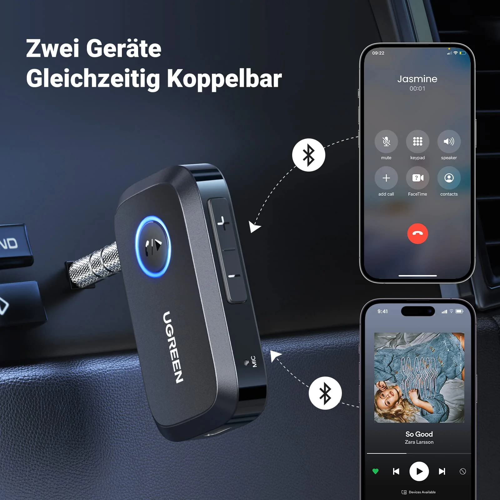 UGREEN Aux Bluetooth Adapter Auto Klinke Bluetooth 5.4 Empfänger Freisprechanruf, Stereo Musik, Dualer Kopplung mit 15 Stunden Spielzeit für Autoradio/Stereoanlage/Headset (Schwarz) - Image 3