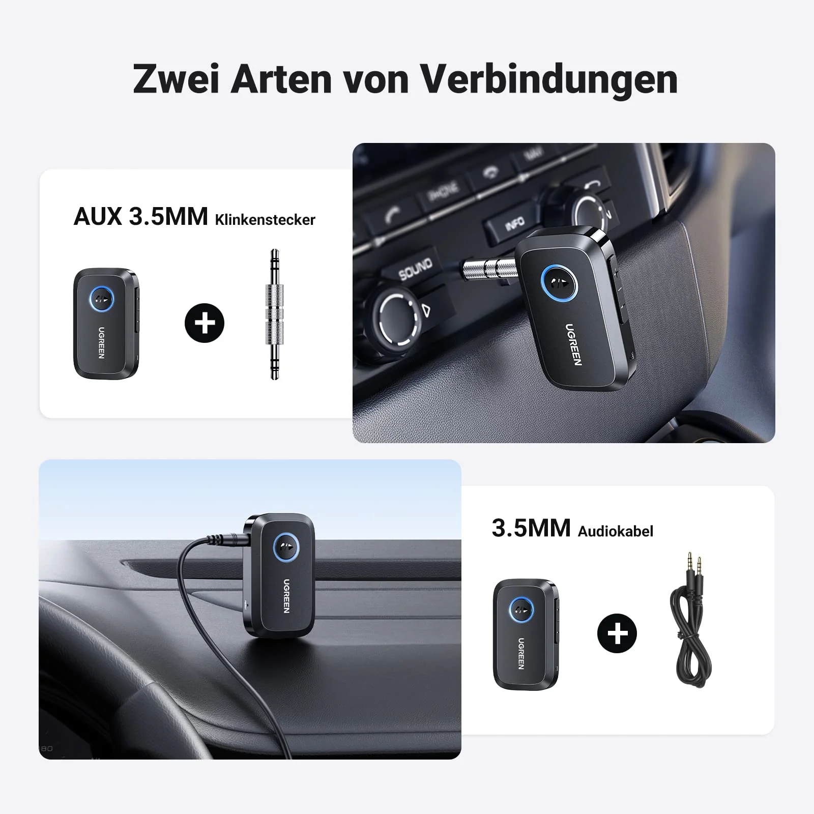 UGREEN Aux Bluetooth Adapter Auto Klinke Bluetooth 5.4 Empfänger Freisprechanruf, Stereo Musik, Dualer Kopplung mit 15 Stunden Spielzeit für Autoradio/Stereoanlage/Headset (Schwarz) - Image 5