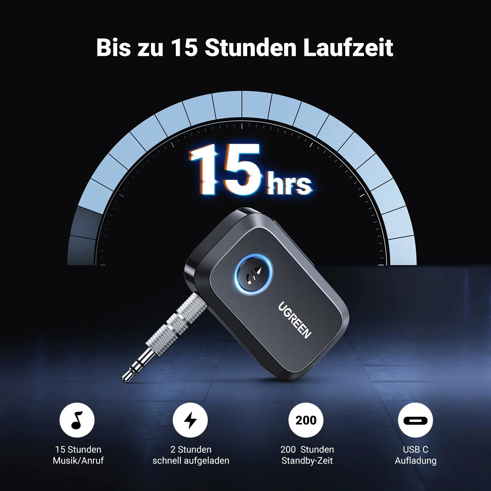 UGREEN Aux Bluetooth Adapter Auto Klinke Bluetooth 5.4 Empfänger Freisprechanruf, Stereo Musik, Dualer Kopplung mit 15 Stunden Spielzeit für Autoradio/Stereoanlage/Headset (Schwarz) - Image 7