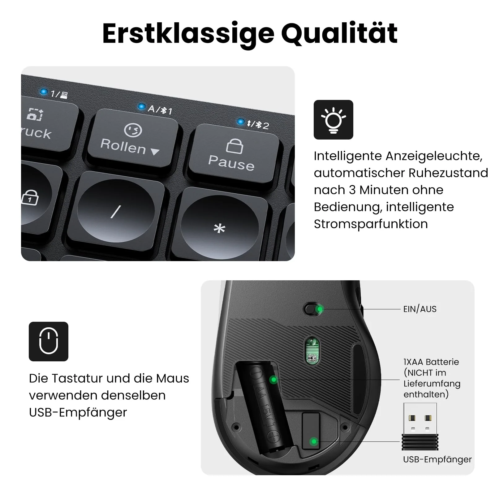UGREEN Bluetooth Tastatur Maus Set kabellos (Bluetooth 5.0+2.4G) mit Shortcut-Tasten, Funktastatur mit Maus 4000 DPI für Windows/macOS/Linux/Android-Deutsches Layout - Image 4