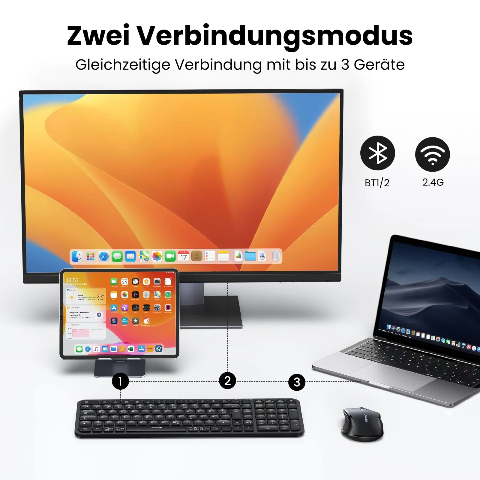 UGREEN Bluetooth Tastatur Maus Set kabellos (Bluetooth 5.0+2.4G) mit Shortcut-Tasten, Funktastatur mit Maus 4000 DPI für Windows/macOS/Linux/Android-Deutsches Layout - Image 5
