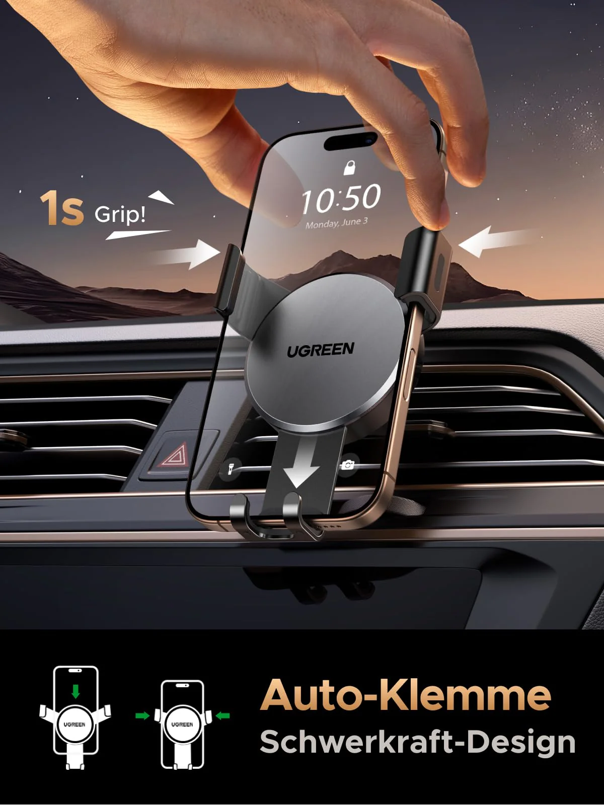 UGREEN Handyhalterung Auto Handy Halterung PKW Lüftung Schwerkraft Handy Autohalterung KFZ Handyhalter fürs Auto kompatibel mit iPhone 17 16 15 14 13 12Pro Max, Galaxy S23 Ultra S22 S21 (Schwarz) - Image 6