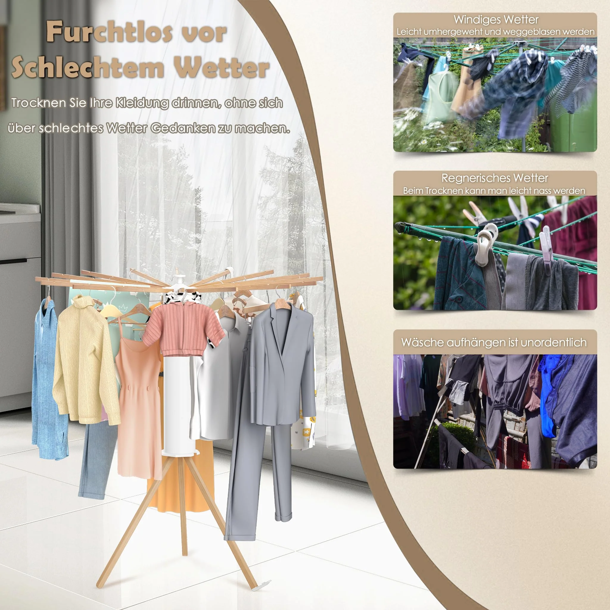 UISEBRT Wäscheständer Tragbar Trockengestell Faltbar Octopus Wäscheständer mit Holzstange Platzsparend Trockenständer für Drinnen Bodenwäscheständer Turmwäscheständer für Balkon Schlafzimmer - Image 10