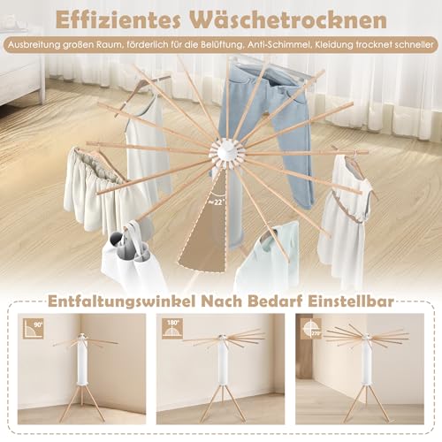UISEBRT Wäscheständer Tragbar Trockengestell Faltbar Octopus Wäscheständer mit Holzstange Platzsparend Trockenständer für Drinnen Bodenwäscheständer Turmwäscheständer für Balkon Schlafzimmer - Image 11
