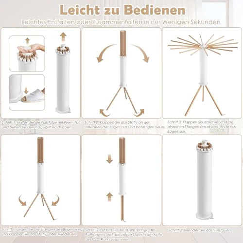 UISEBRT Wäscheständer Tragbar Trockengestell Faltbar Octopus Wäscheständer mit Holzstange Platzsparend Trockenständer für Drinnen Bodenwäscheständer Turmwäscheständer für Balkon Schlafzimmer - Image 13