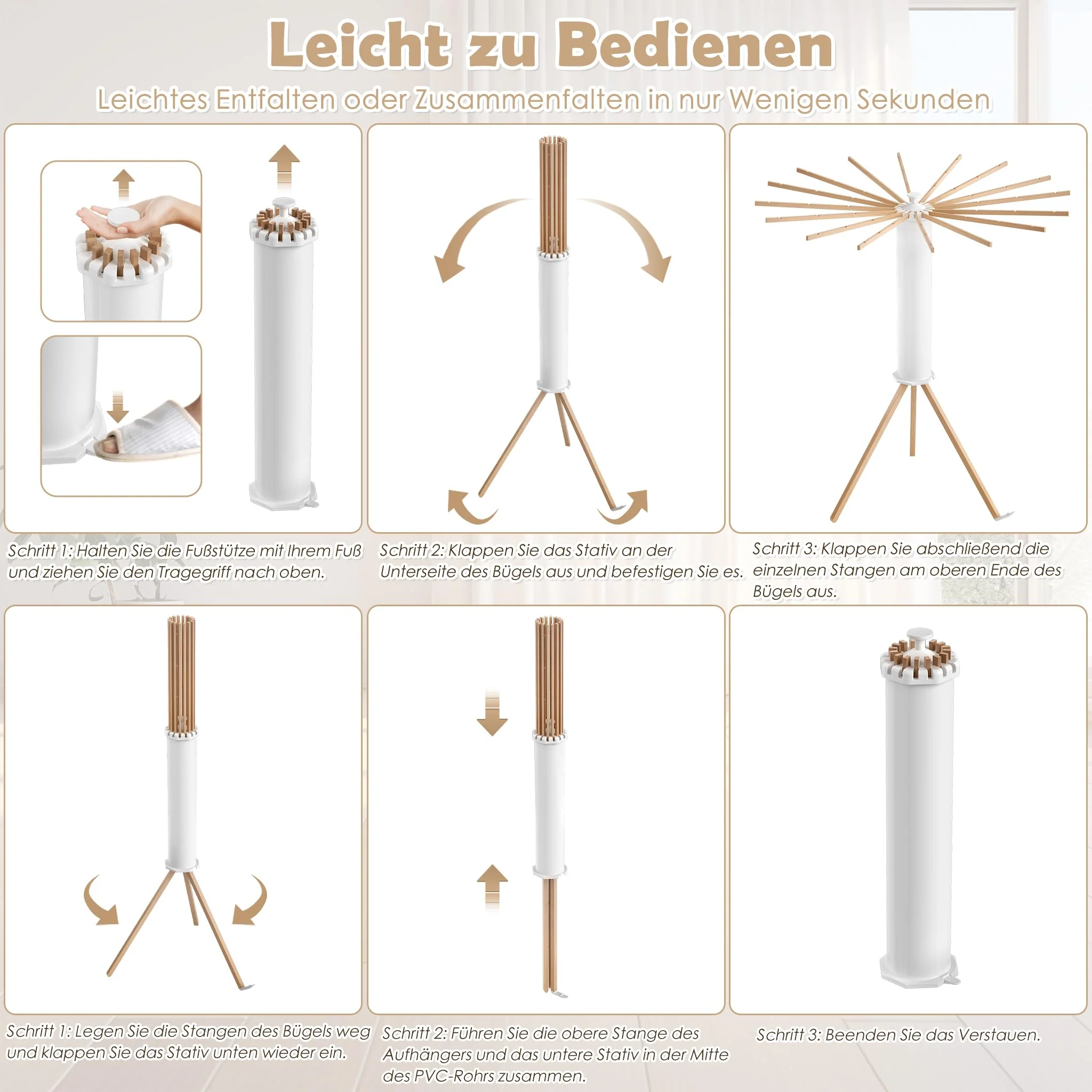 UISEBRT Wäscheständer Tragbar Trockengestell Faltbar Octopus Wäscheständer mit Holzstange Platzsparend Trockenständer für Drinnen Bodenwäscheständer Turmwäscheständer für Balkon Schlafzimmer - Image 15