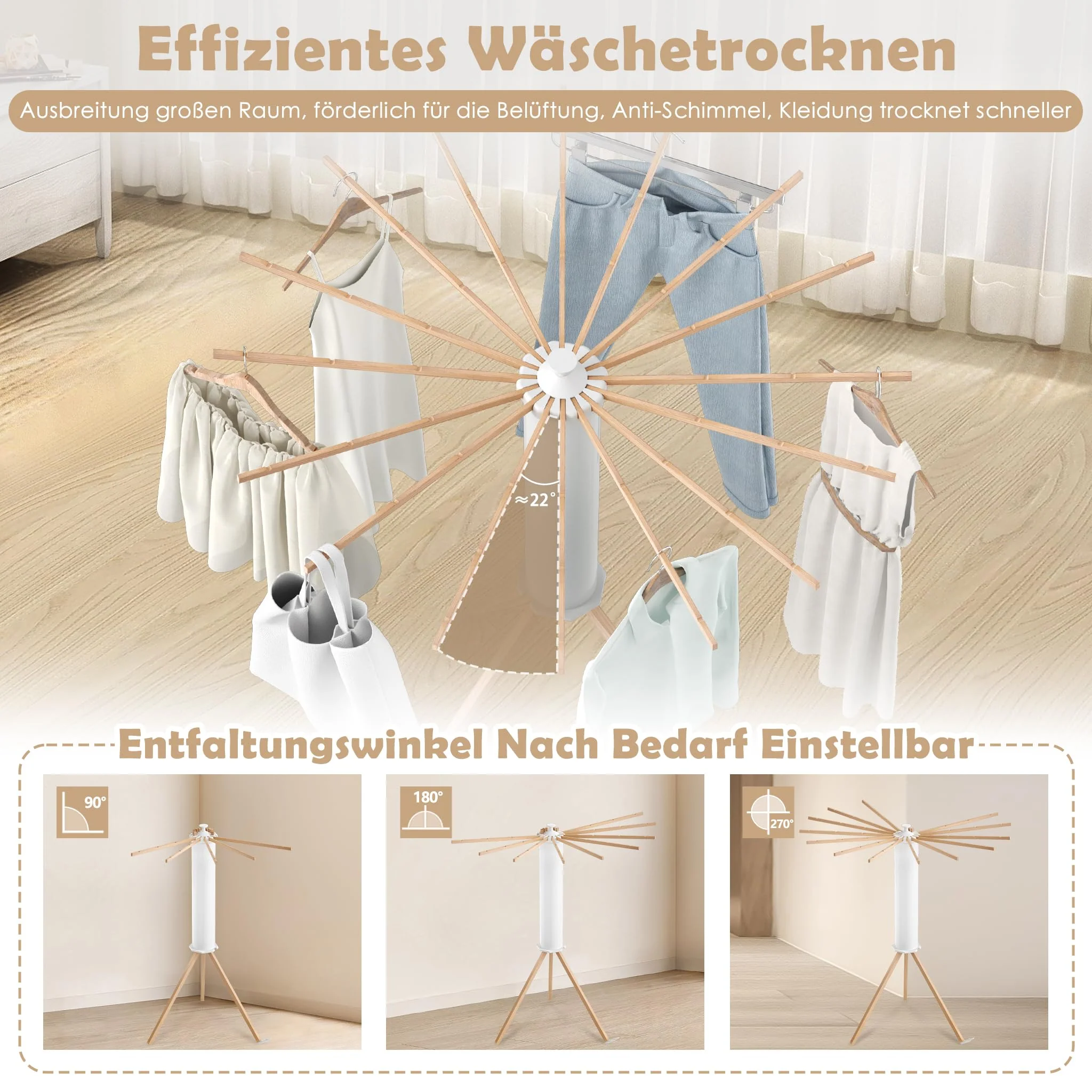 UISEBRT Wäscheständer Tragbar Trockengestell Faltbar Octopus Wäscheständer mit Holzstange Platzsparend Trockenständer für Drinnen Bodenwäscheständer Turmwäscheständer für Balkon Schlafzimmer - Image 5