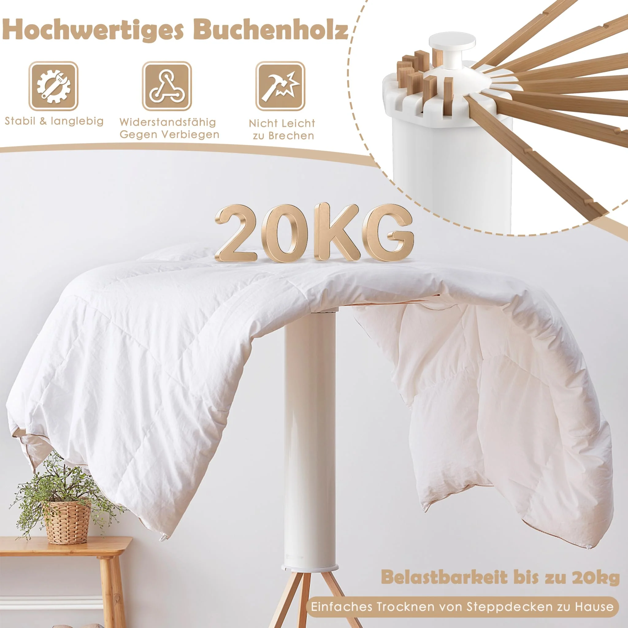 UISEBRT Wäscheständer Tragbar Trockengestell Faltbar Octopus Wäscheständer mit Holzstange Platzsparend Trockenständer für Drinnen Bodenwäscheständer Turmwäscheständer für Balkon Schlafzimmer - Image 8