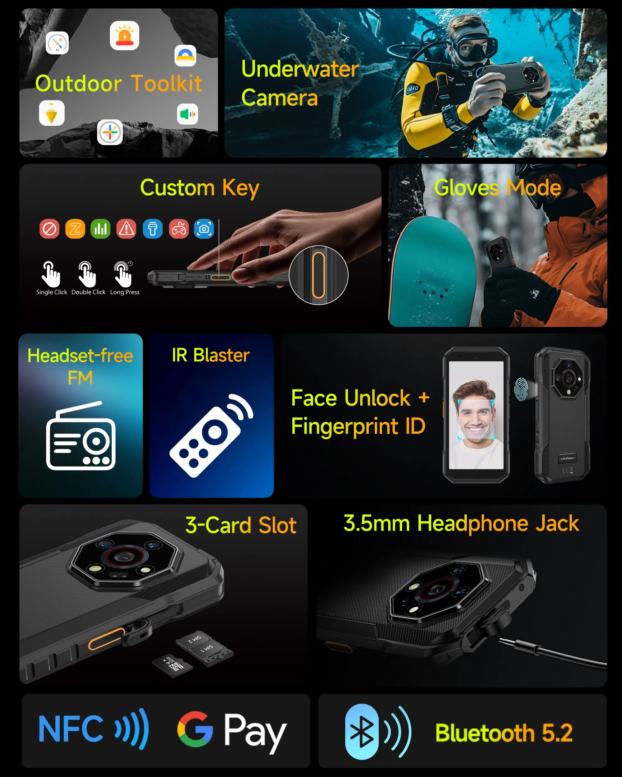 Ulefone Armor X32 Outdoor Smartphone 2025, MTK G91 48MP+20MP Nachtsicht 12GB+128GB/2TB SD 5,65" Corning Glas 5500mAh Android 14 Wasserdicht Handy Dual SIM Fingerabdruck ID NFC 2-Jahr Garantie - Grün - Image 9