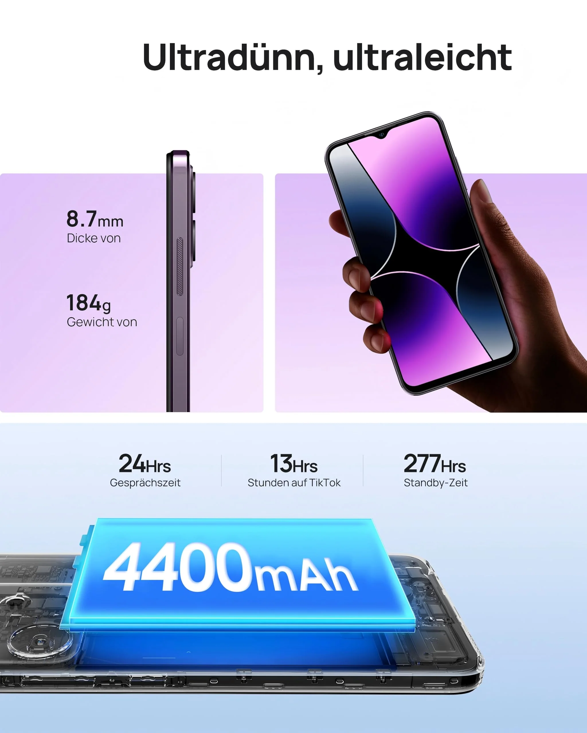 Ulefone Note 16 Pro Smartphone Ohne Vertrag 50MP+8MP Handy Günstig 16GBRAM+128GBROM/TF-256GB 4400mAh 6.52" HD+ 4G Dual SIM Android Handy Ohne Vertrag GPS/OTG/Face ID/Fingerabdruck Violett - Image 5