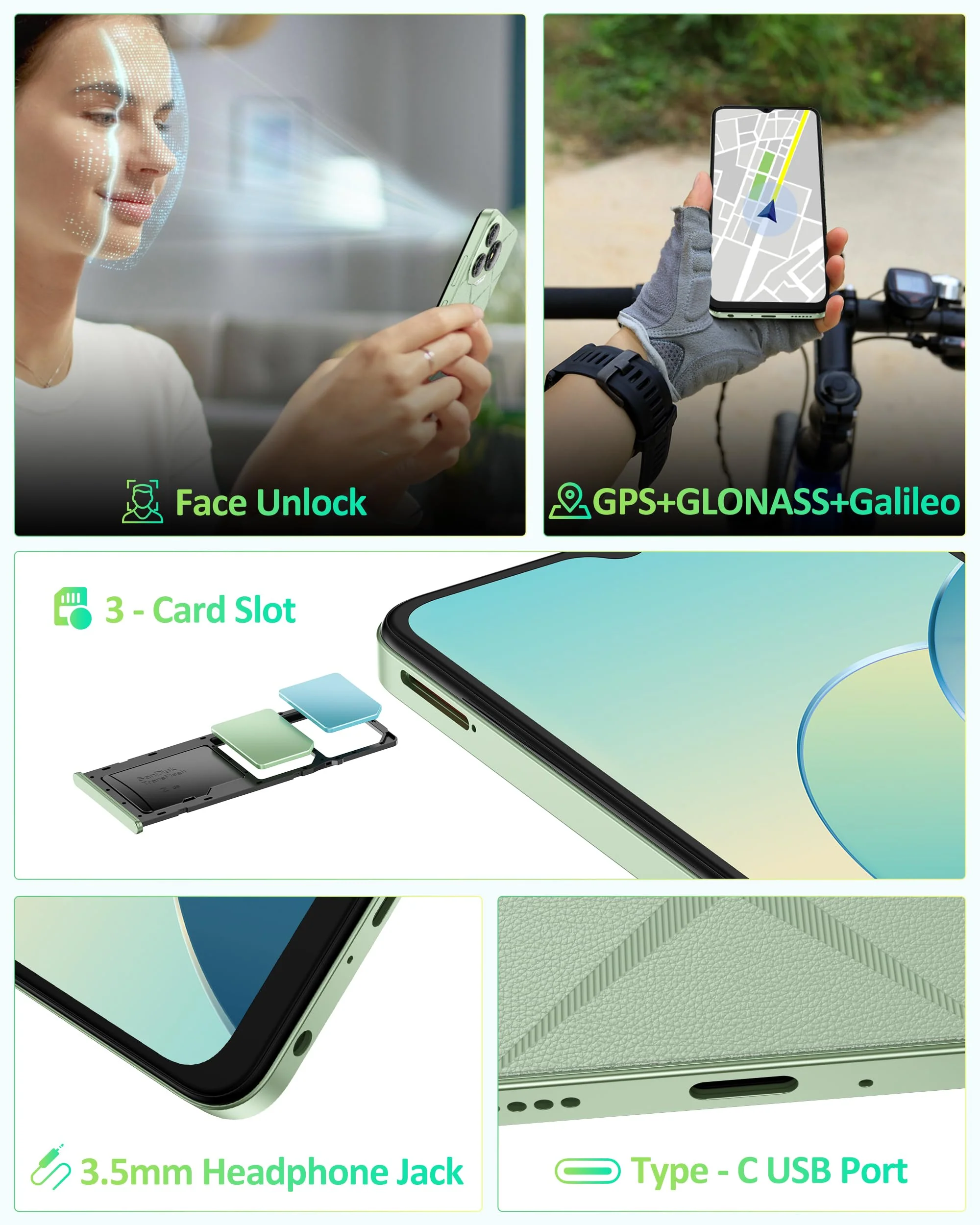 Ulefone Note 19 Handy Android 14, 6GB RAM+32GB ROM/SD-512GB, 6.56" HD+ Octa Core, 5000mAh Akku, 8MP+5MP Kamera Smartphone Ohne Vertrag DREI Kartenfächer Dual SIM 4G/Face ID/GPS/OTG/FM Schwarz - Image 5