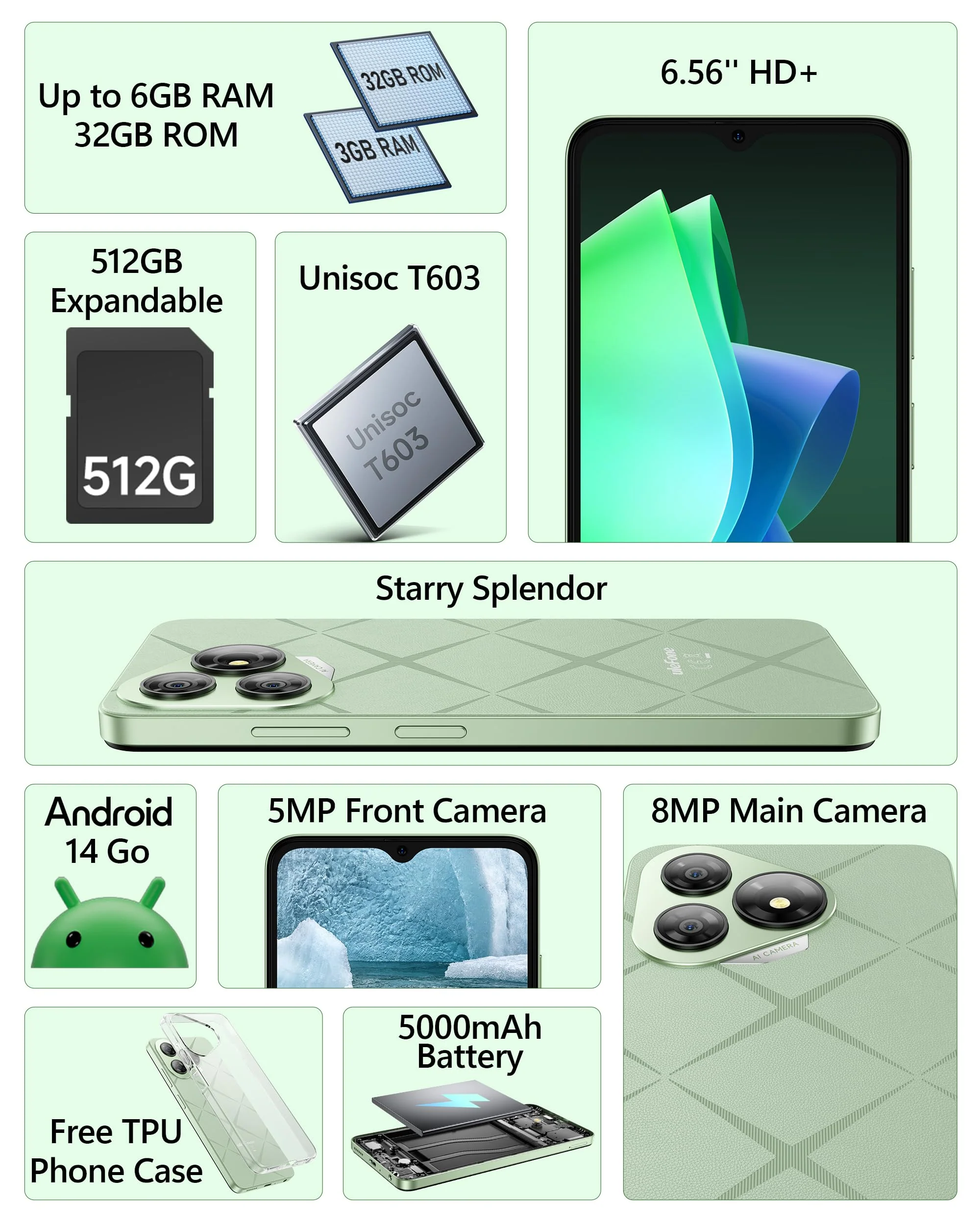 Ulefone Note 19 Handy Ohne Vertrag, 6GB + 32GB /512GB TF Handy Günstig, 6.56 Zoll HD+ Display Android 14 Smartphone, 5000mAh Batterie 8MP Kamera Simlockfreie Handys, 4G Dual SIM/Face ID/GPS-Schwarz - Image 5