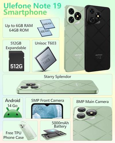 Ulefone Note 19 Smartphone Ohne Vertrag, 6GB + 64GB /512GB TF Handy Günstig, 6.56 Zoll HD+ Android 14 Smartphone, 5000mAh Batterie 8MP Kamera Simlockfreie Handy, 4G Dual SIM/Face ID/GPS-Grün - Image 13