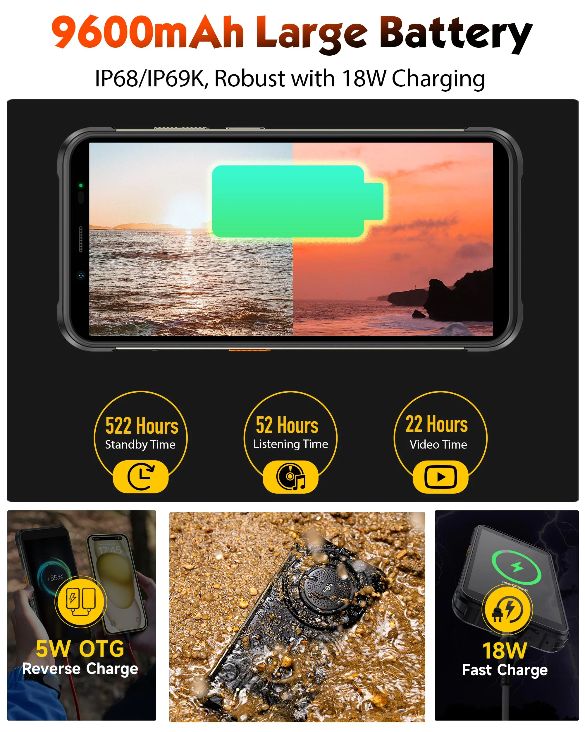 Ulefone RugKing Outdoor Handy Android 15, 9600mAh Baustellen Handy 126dB Lautsprecher, 16GB+128GB/SD 2TB Smartphone Octa‑Core IP68K, 50MP Kamera 5,99" Zoll, 126LM LED, 3-SIM-Slots, 4G Dual/NFC/OTG/GPS - Image 10
