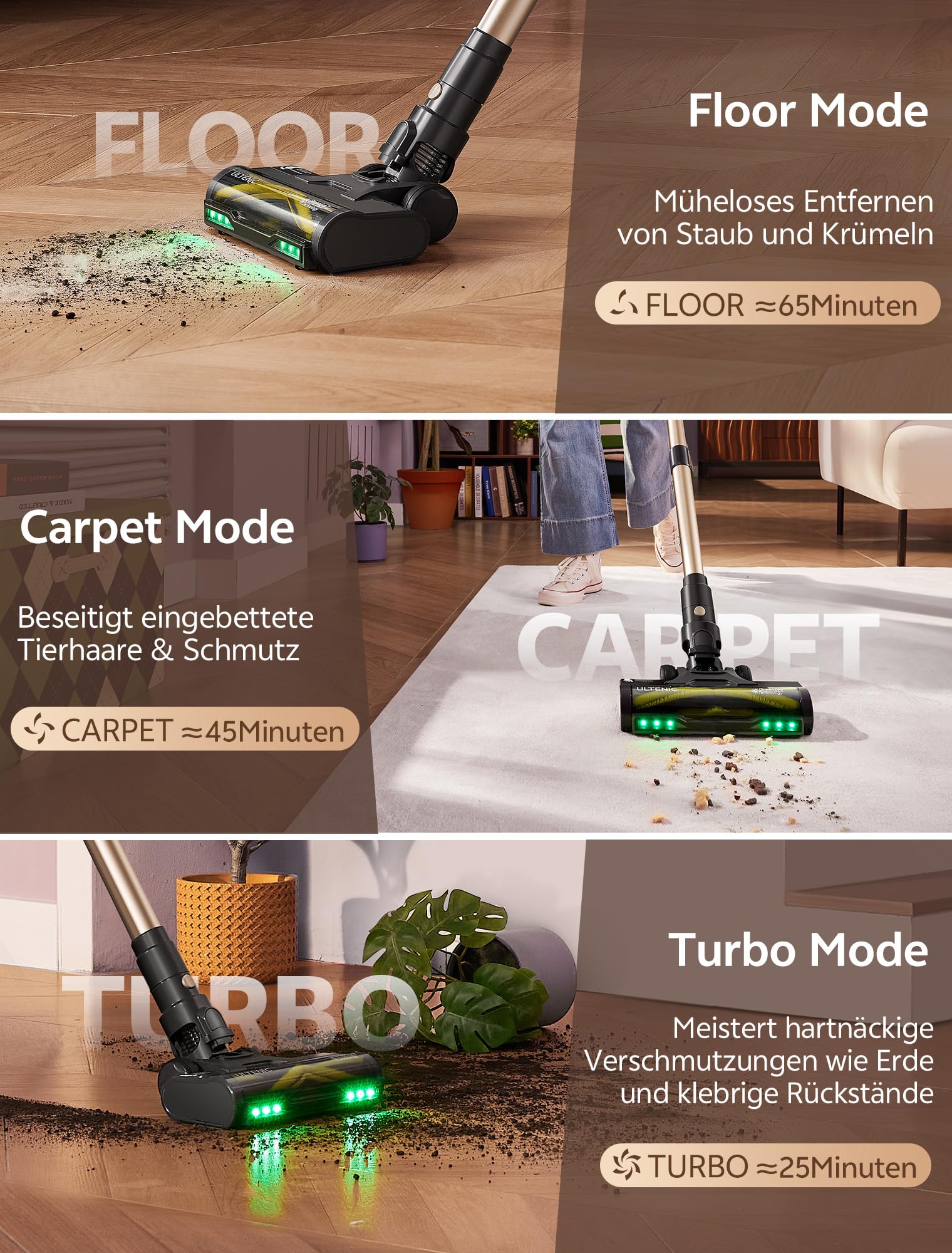 Ultenic Akku Staubsauger, 50000Pa/ 65Min, Staubsauger Kabellos mit GreenEye Technologie, Teleskoprohr& Freistehend, 6-stufige Filtration, Anti-Verhedderungs-Bürste, for Tierhaare/Teppiche/Hartböden - Image 8