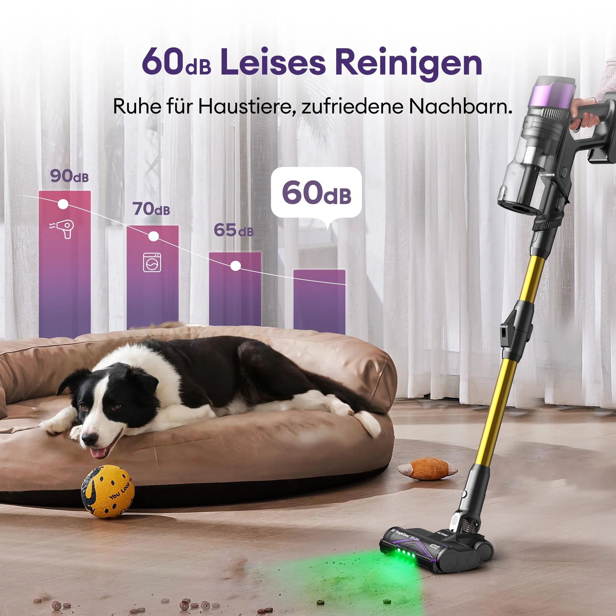 Ultenic U20 Akku Staubsauger, 55000Pa/ 600W/60Min Staubsauger Kabellos Mit Selbststehendes Design, Flexibles Biegegelenk, GreenEye-Technologie, Anti-Tangle Bodenbürste für Hartböden Teppiche Tierhaare - Image 6