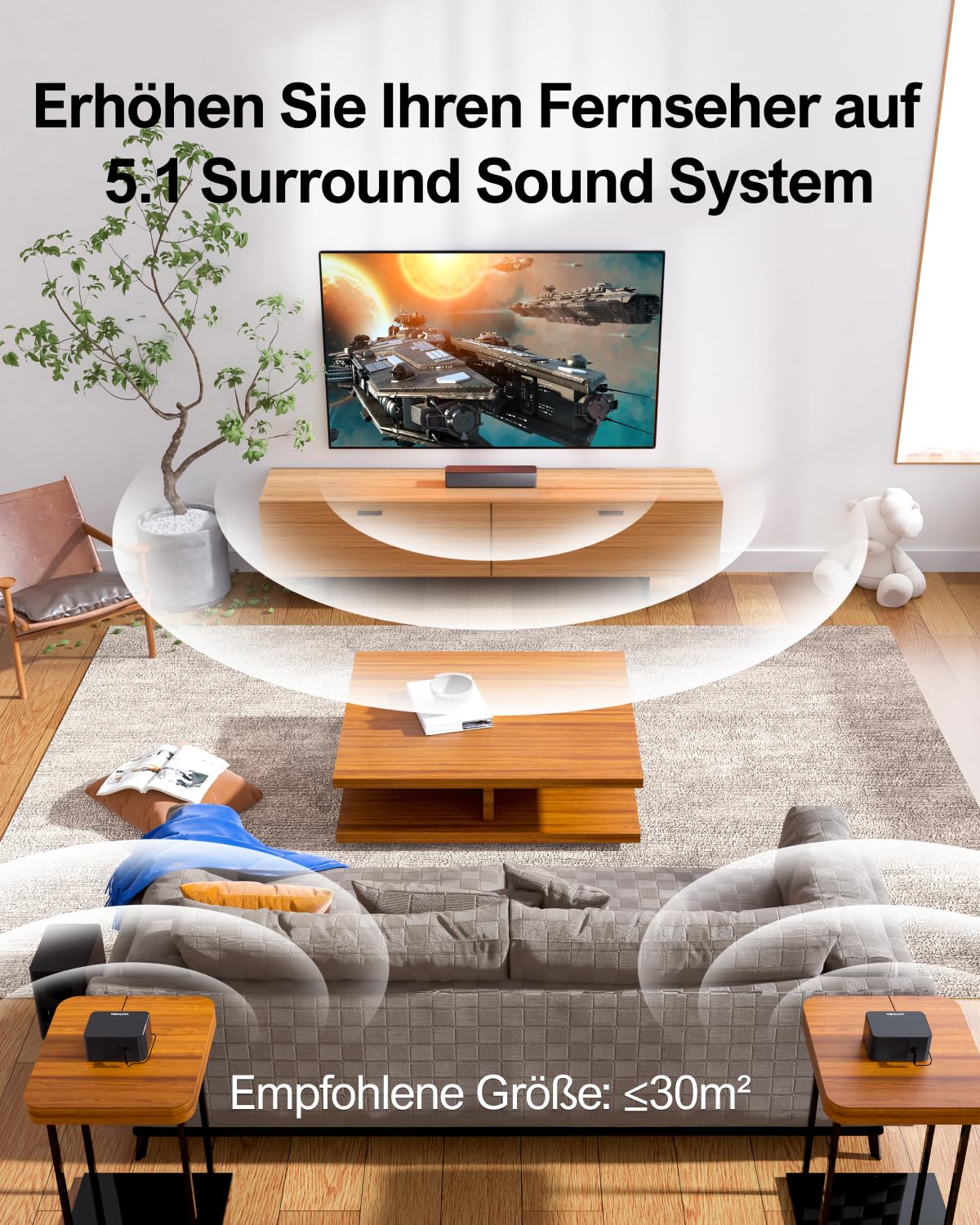 ULTIMEA 5.1 Surround Soundbar, 3D Surround Sound System, Soundbar für TV Geräte mit Subwoofer und Rear-Lautsprechern, 5.1 Virtuelle Surround, Bass Einstellbare Heimkino TV Lautsprecher, Poseidon D50 - Image 7
